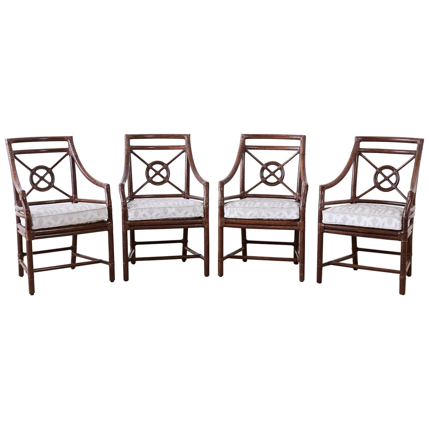 Set of Four McGuire Rattan Target Back Dining Chairs