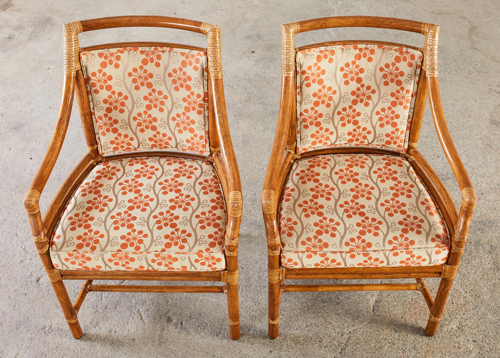 Hand-Crafted Set of Four McGuire Rattan Target Dining Armchairs