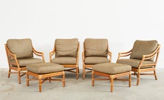 Set of Four McGuire Rattan Target Lounge Chairs and Ottomans