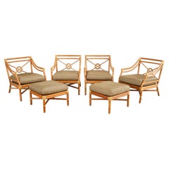 Set of Four McGuire Rattan Target Lounge Chairs and Ottomans
