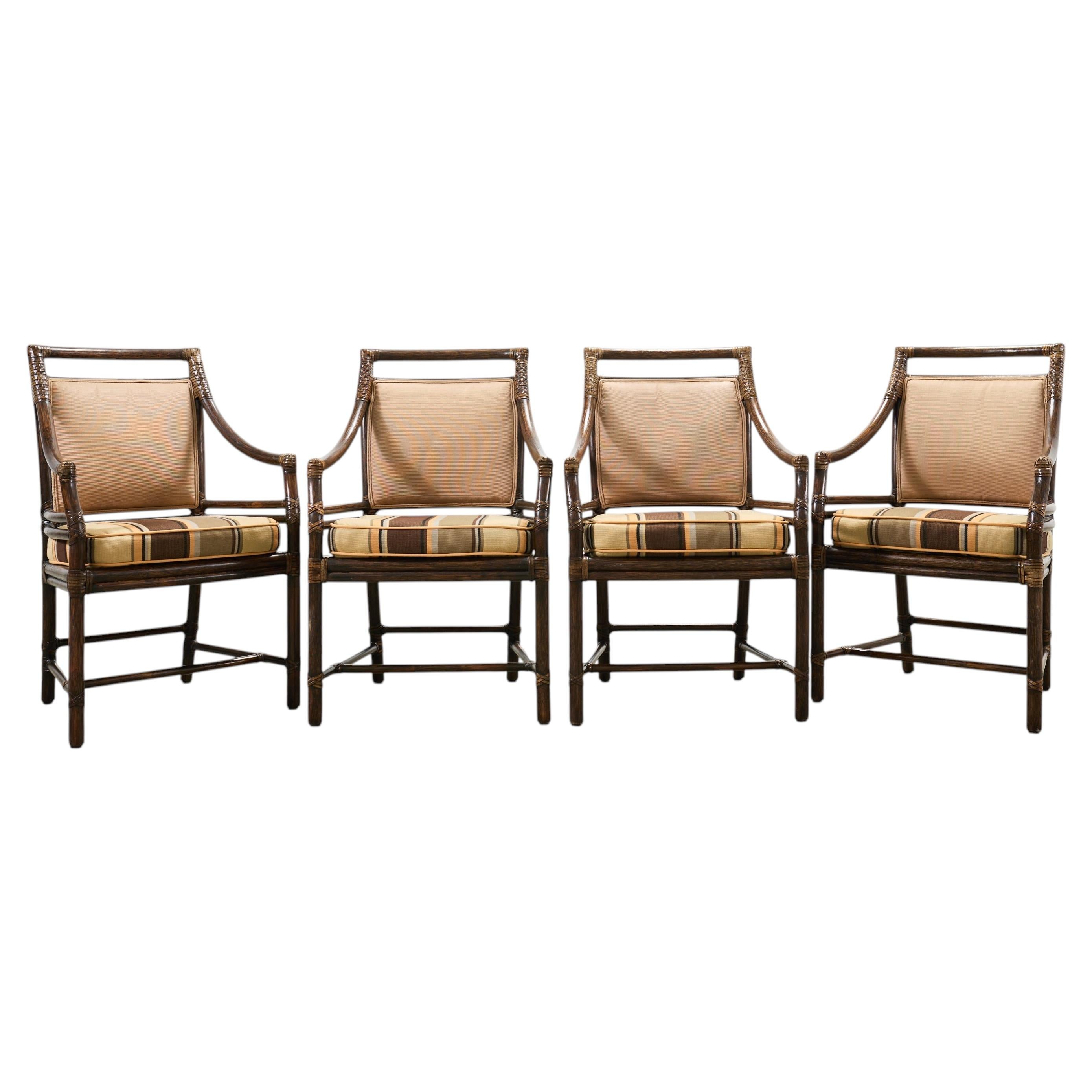 Pre-owned Mcguire Set Of Four  Rattan Target Upholstered Dining Armchairs In Brown