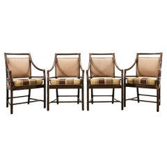 Set of Four McGuire Rattan Target Upholstered Dining Armchairs