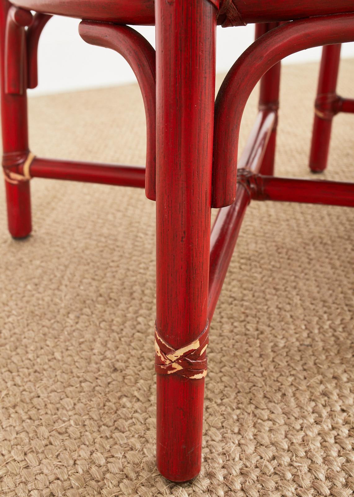 Set of Four McGuire Red Lacquered Rattan Dining Chairs For Sale 5