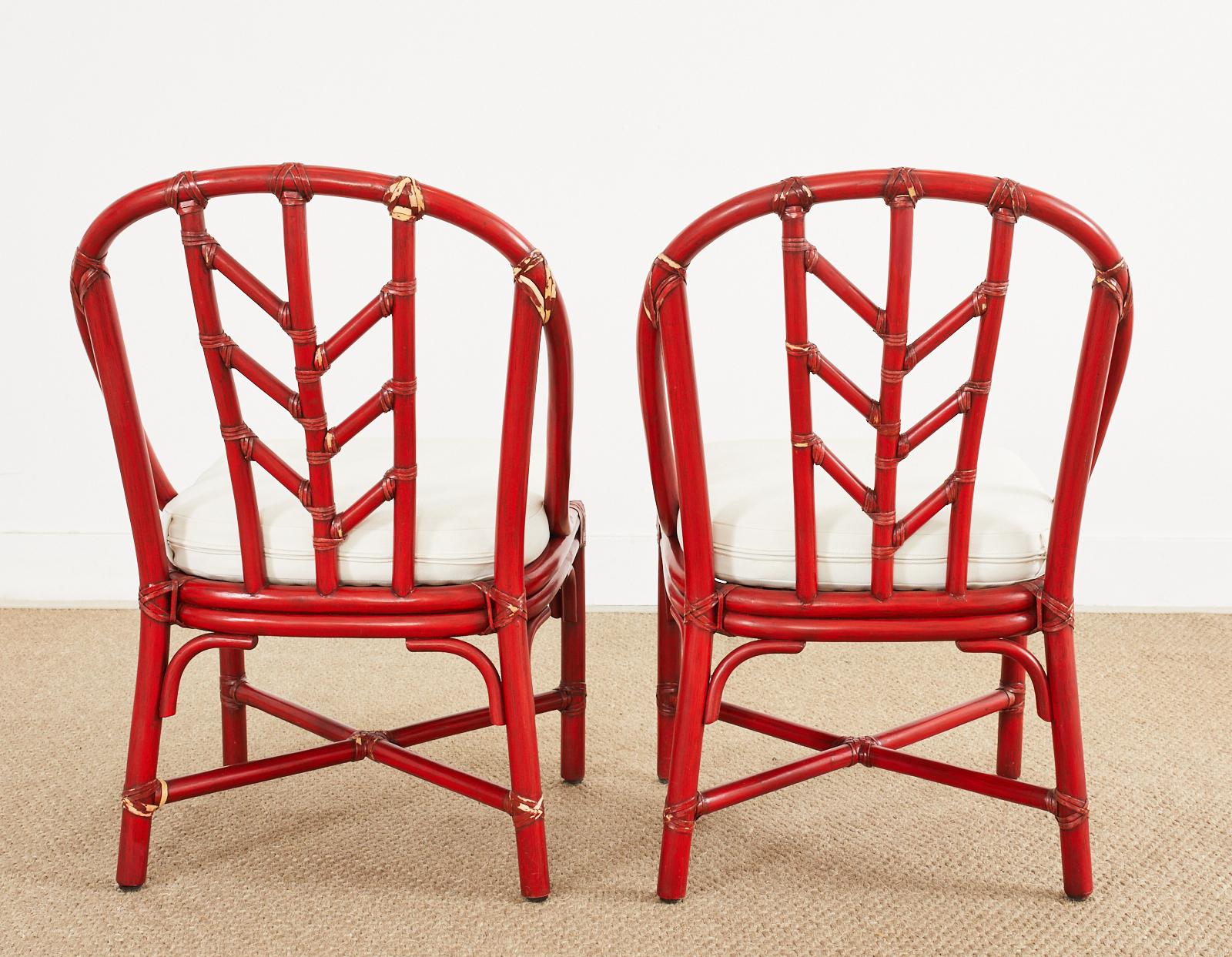 Set of Four McGuire Red Lacquered Rattan Dining Chairs For Sale 12
