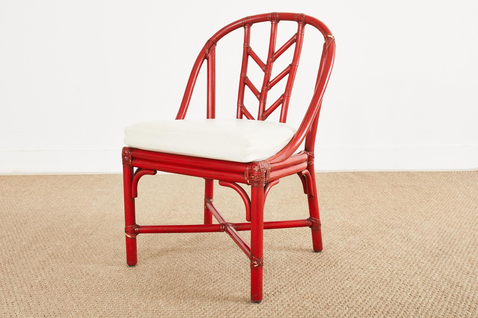 American Set of Four McGuire Red Lacquered Rattan Dining Chairs For Sale
