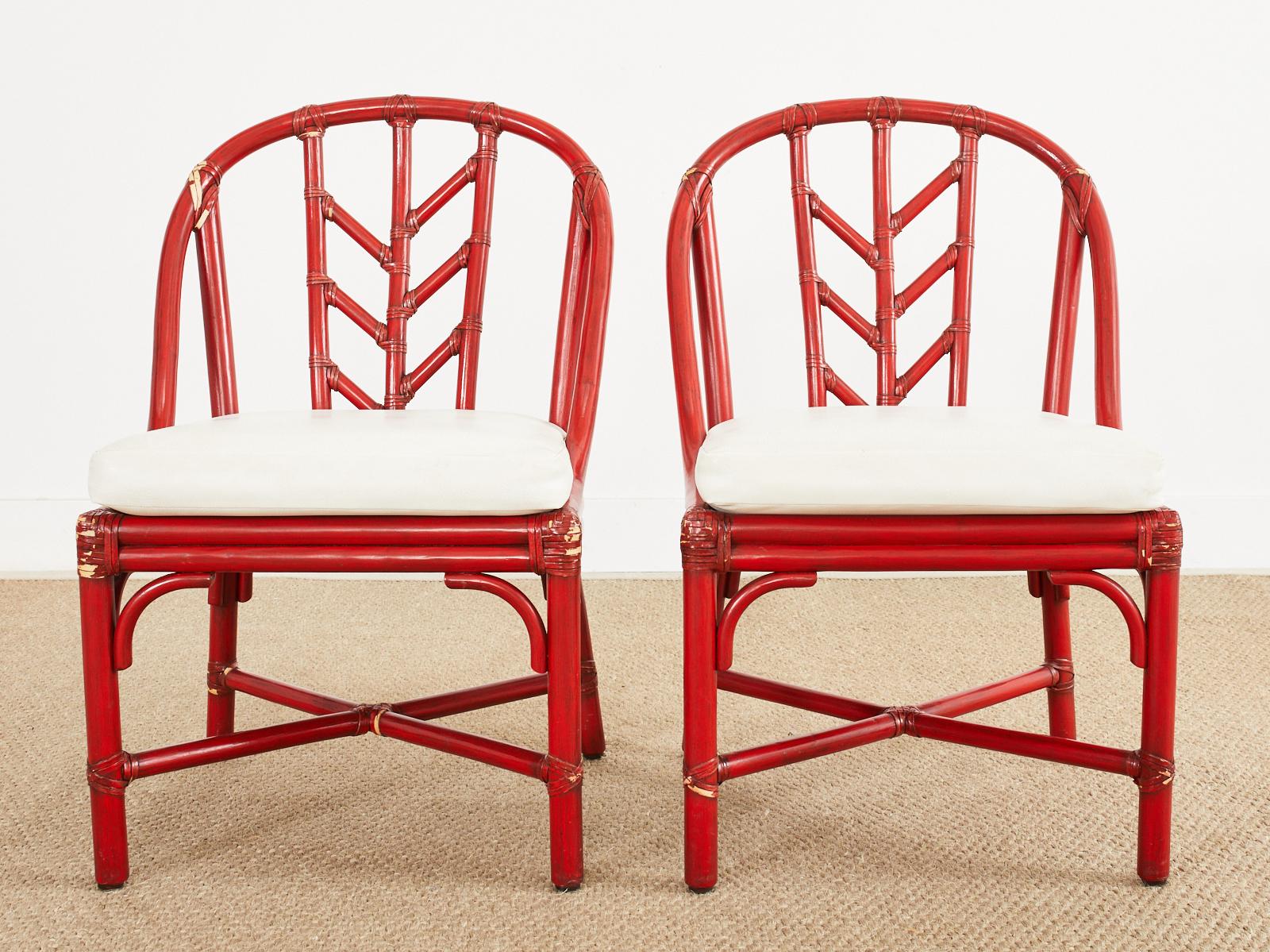 Leather Set of Four McGuire Red Lacquered Rattan Dining Chairs For Sale