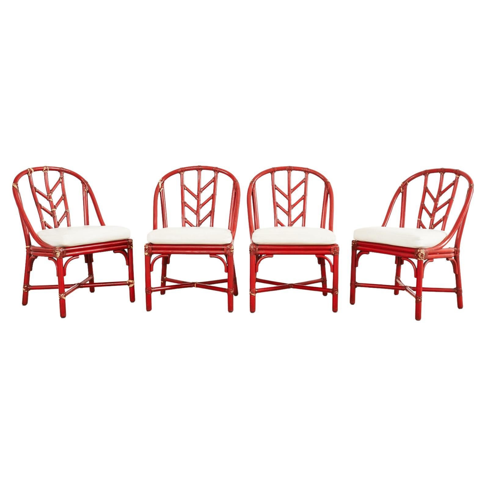 Set of Four McGuire Red Lacquered Rattan Dining Chairs For Sale