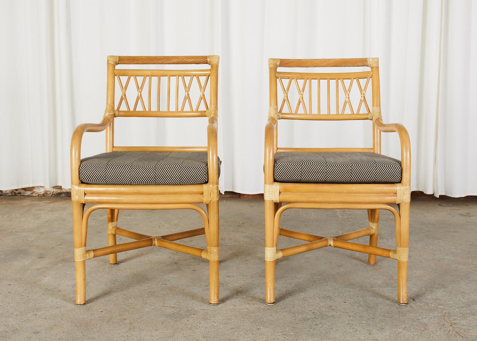 Hand-Crafted Set of Four McGuire Style Bamboo Rattan Dining Armchairs