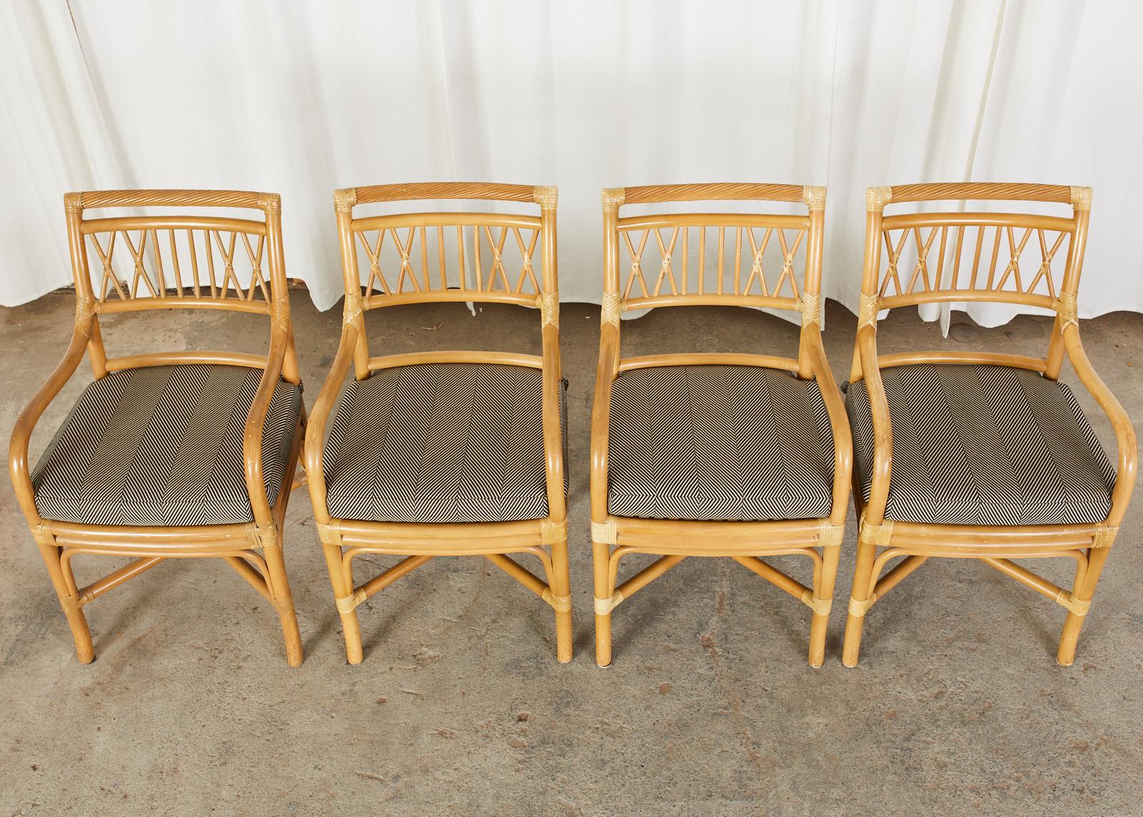 Set of Four McGuire Style Bamboo Rattan Dining Armchairs In Good Condition In Rio Vista, CA
