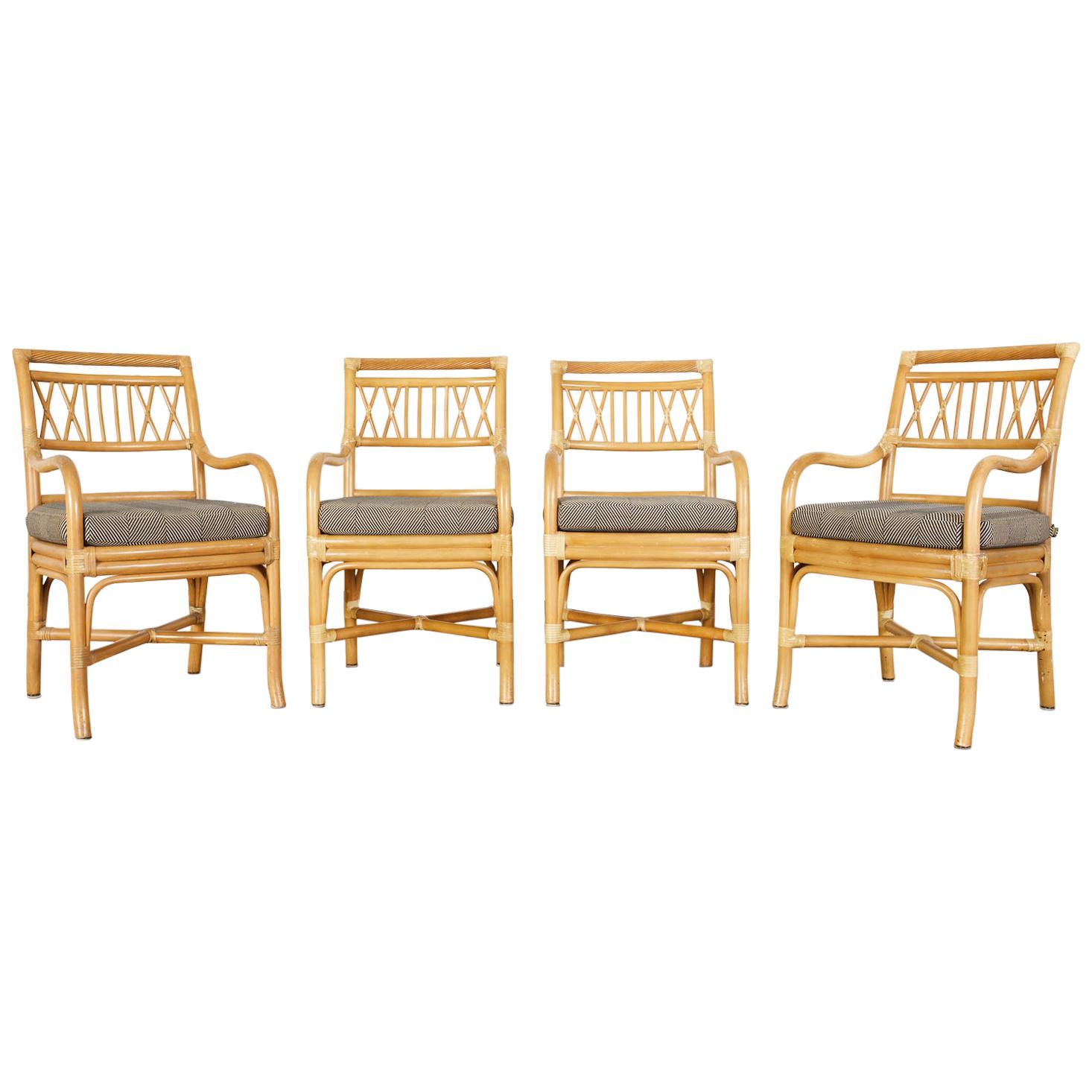 Set of Four McGuire Style Bamboo Rattan Dining Armchairs