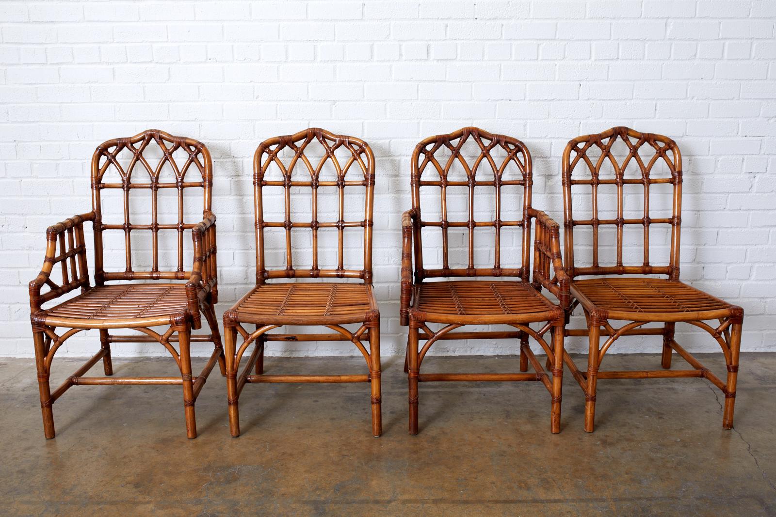 Organic Modern Set of Four McGuire Style Bamboo Rattan Dining Chairs