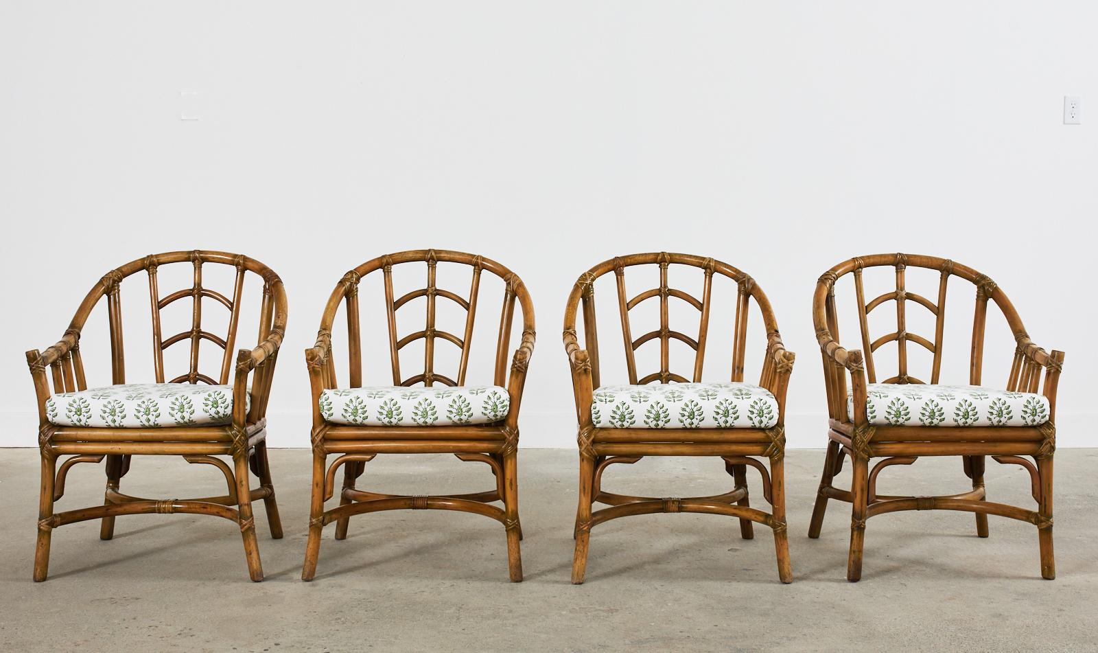 Hand-Crafted Set of Four McGuire Style Organic Modern Rattan Barrel Dining Armchairs