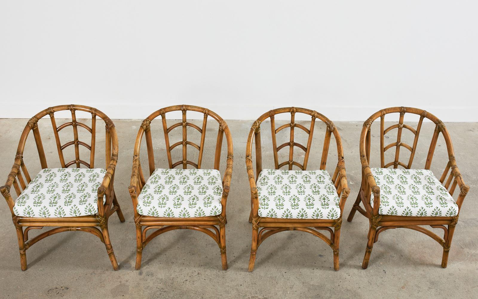 Set of Four McGuire Style Organic Modern Rattan Barrel Dining Armchairs 3