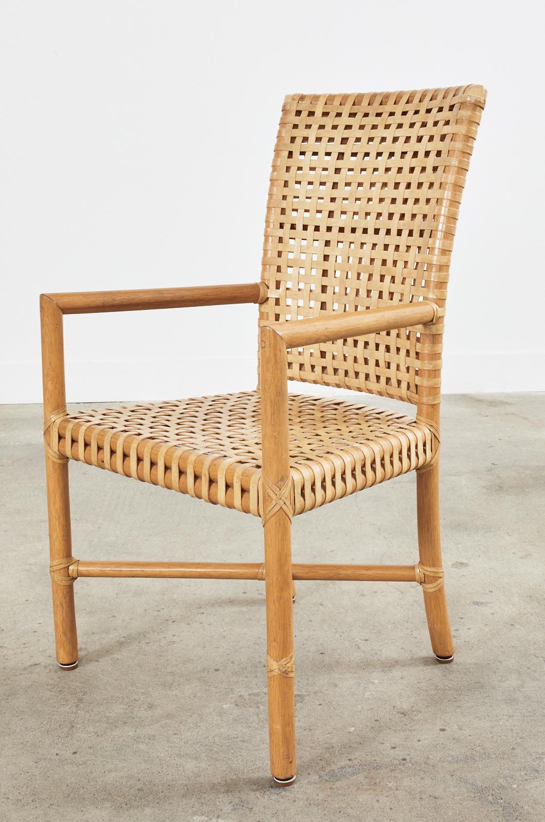 Set of Four McGuire Woven Rawhide Rattan Dining Armchairs For Sale 2