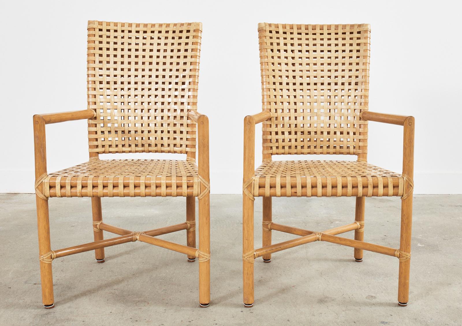 American Set of Four McGuire Woven Rawhide Rattan Dining Armchairs For Sale