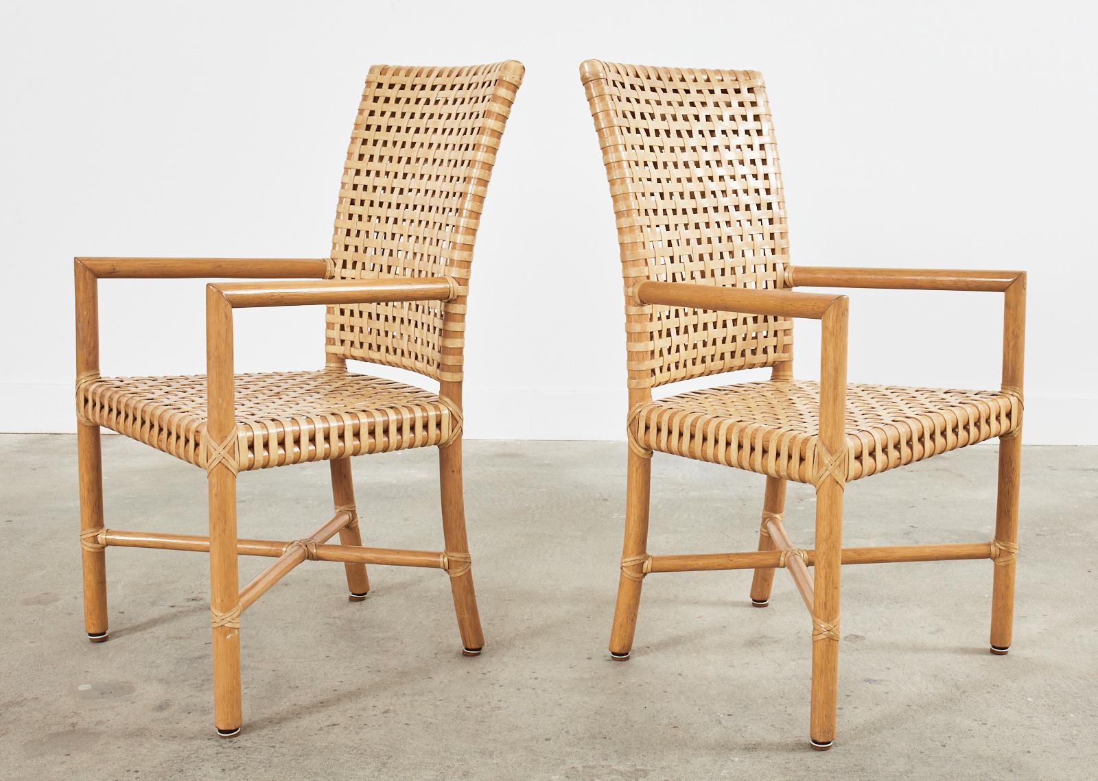 Set of Four McGuire Woven Rawhide Rattan Dining Armchairs In Good Condition For Sale In Rio Vista, CA