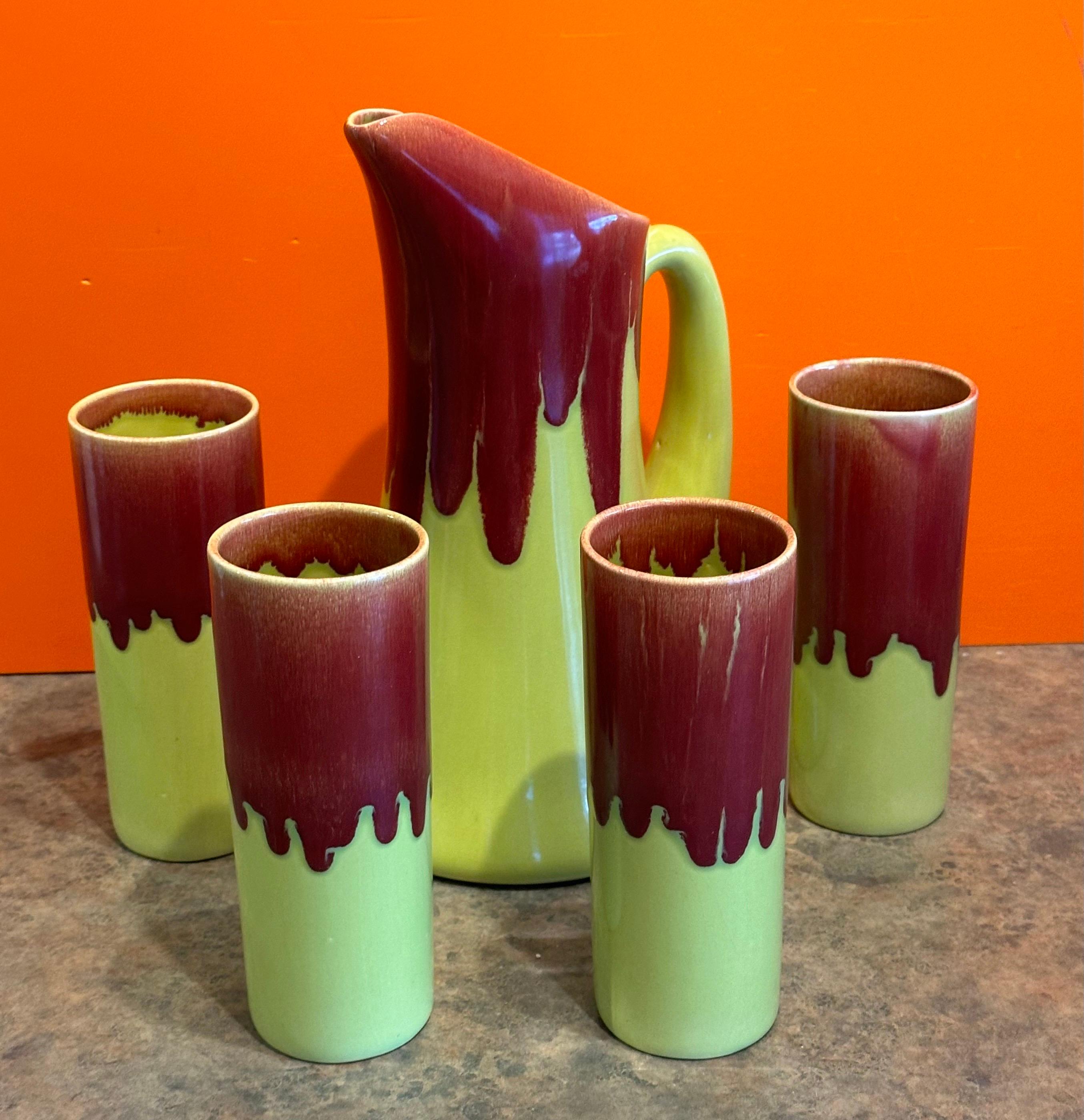 Set of Four MCM Drip Glaze Ceramic Ice Tea Glasses & Pitcher by Allen of Calif. For Sale 4