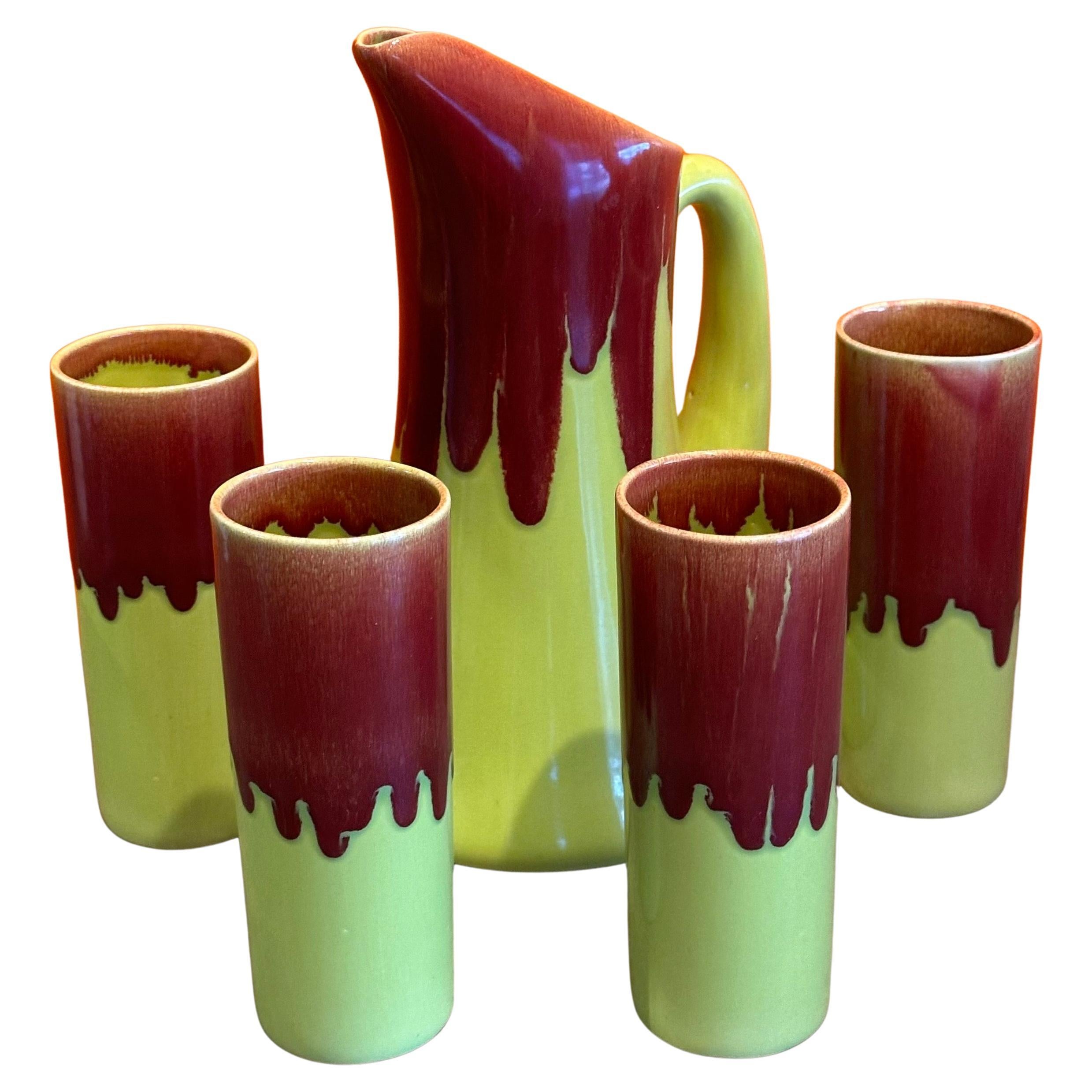 Set of Four MCM Drip Glaze Ceramic Ice Tea Glasses & Pitcher by Allen of Calif. For Sale 5