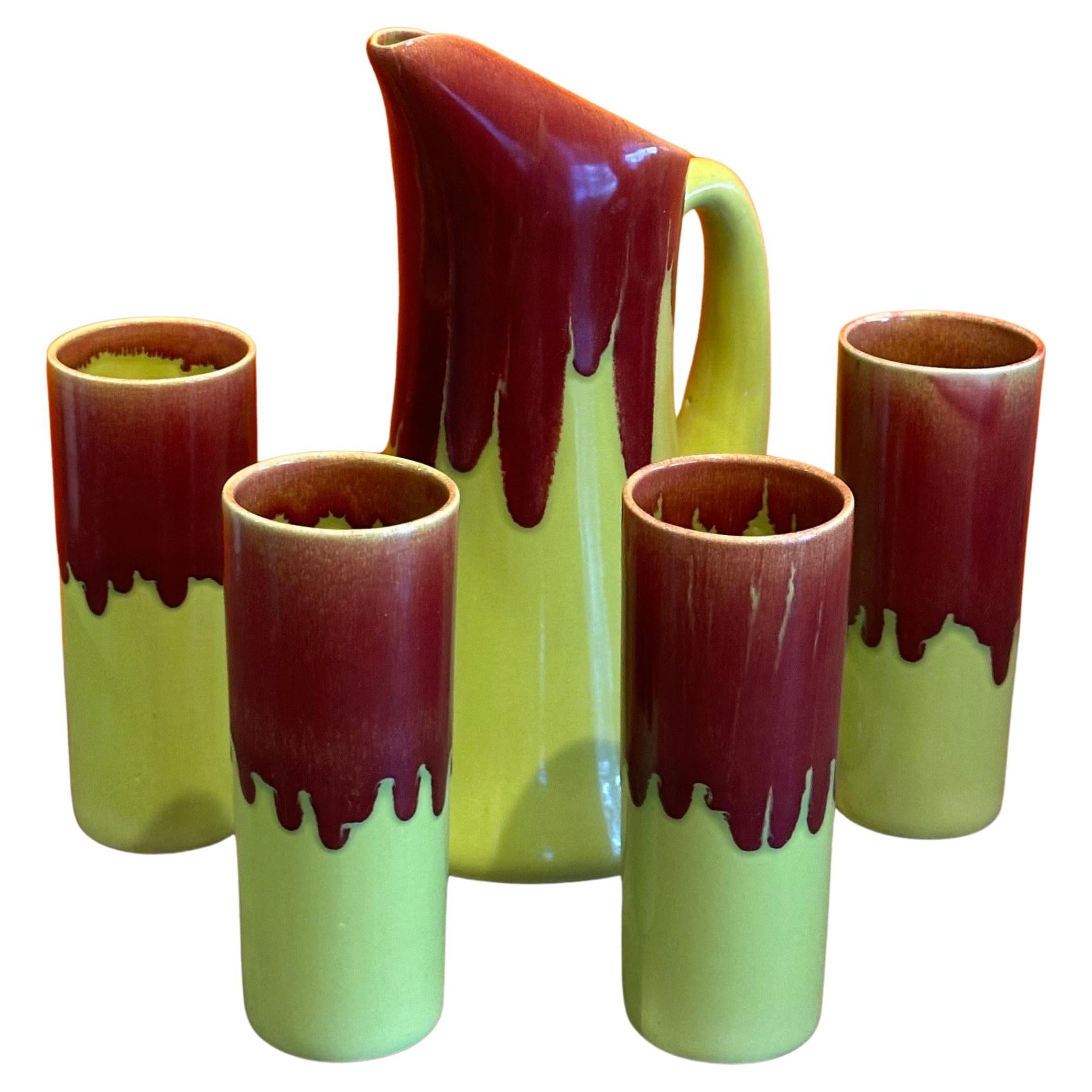 Set of Four MCM Drip Glaze Ceramic Ice Tea Glasses & Pitcher by Allen of Calif. For Sale
