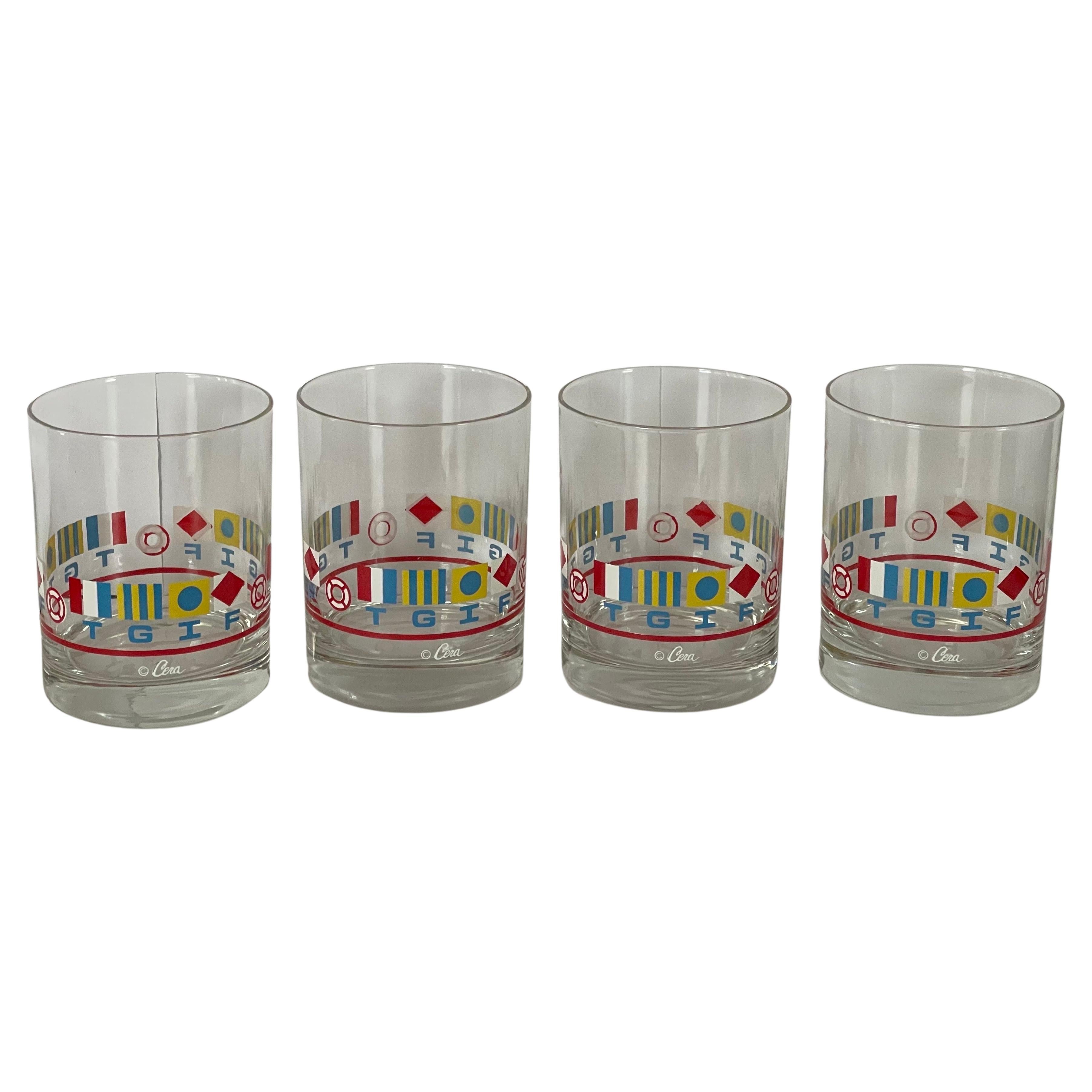 Set of Four Mcm "TGIF / Nautical Flags" Highball Glasses by Cera For Sale