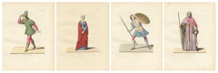 Set of Four Medieval Costume Figures, Hand-Colored Engravings, France 1845