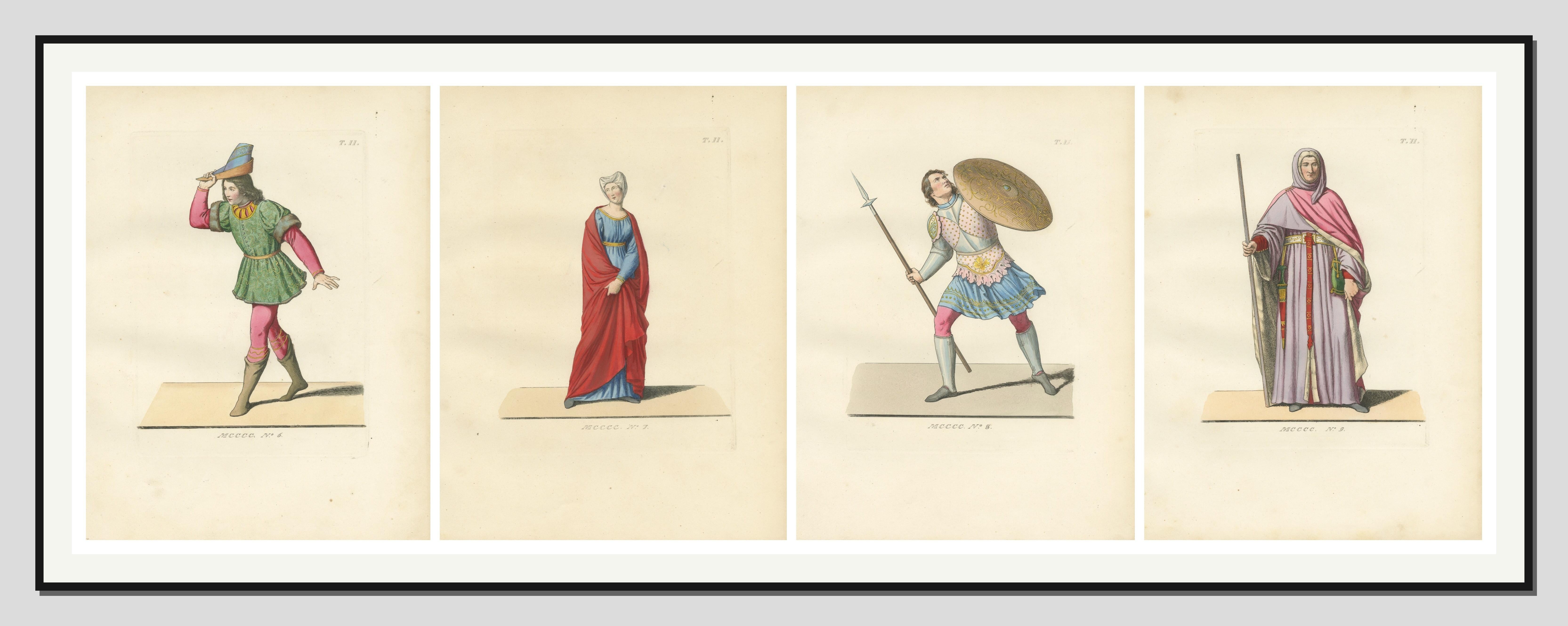 Set of Four Medieval Costume Figures, Hand-Colored Engravings, France 1845