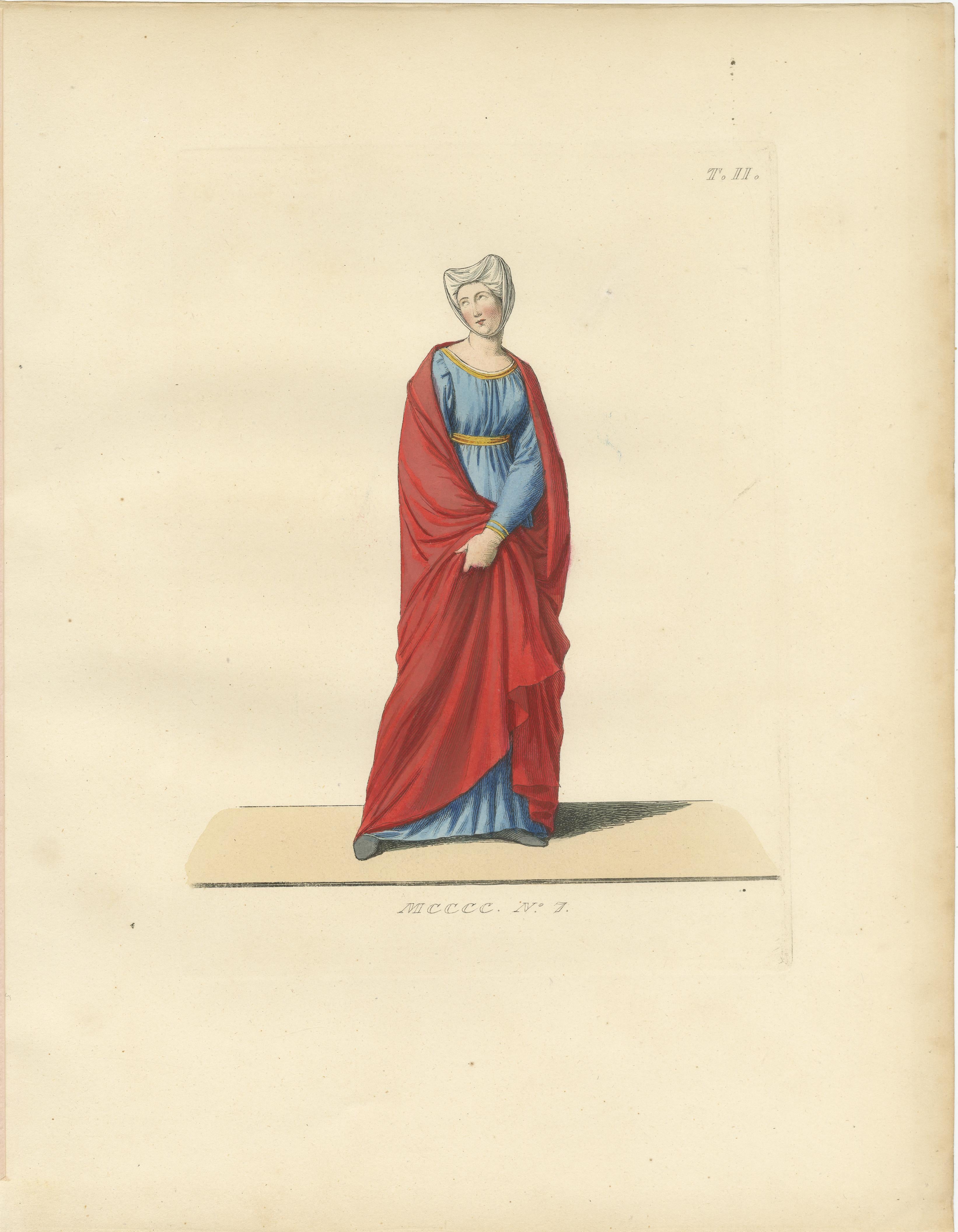 Set of Four Medieval Costume Figures, Hand-Colored Engravings, France 1845