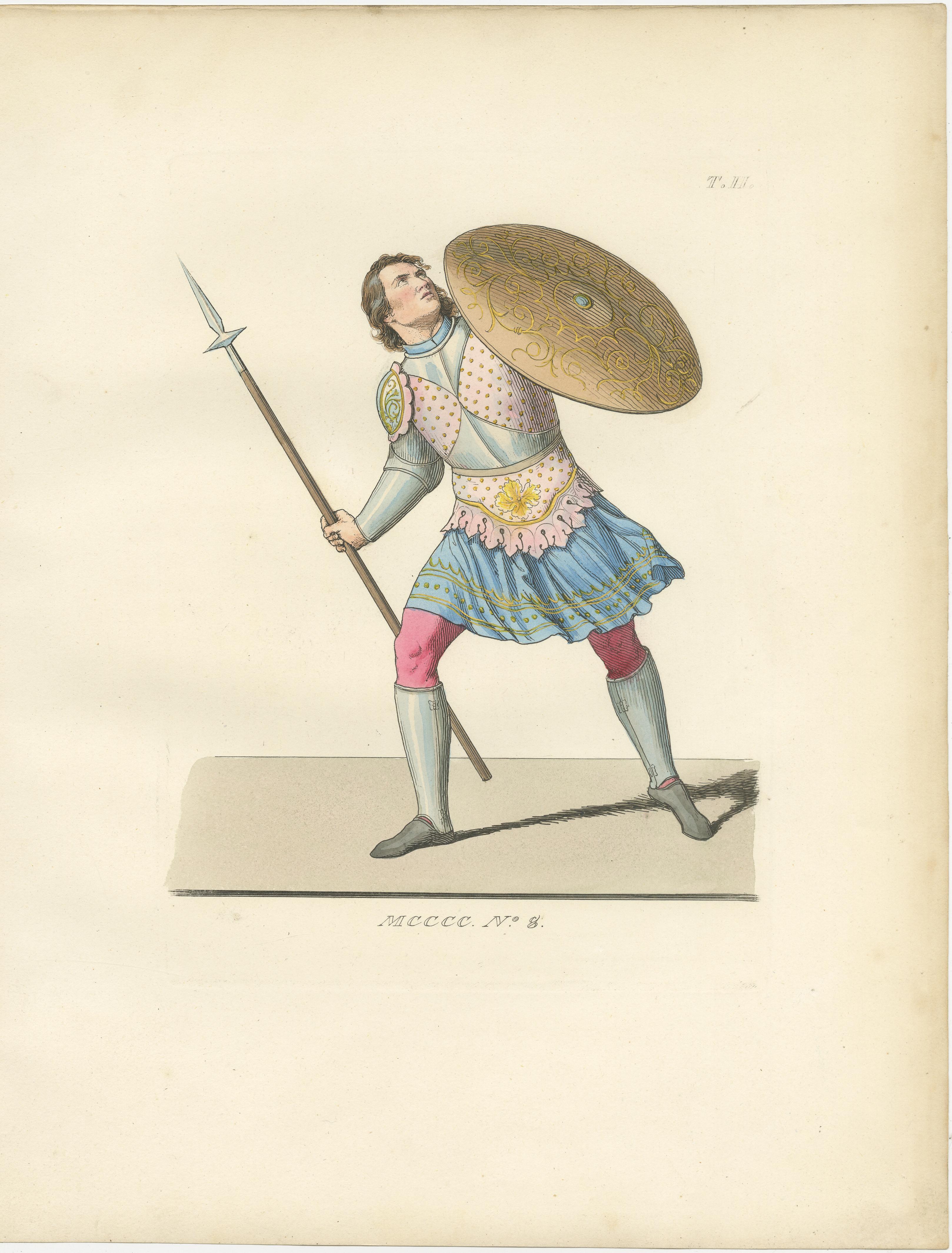 Set of Four Medieval Costume Figures, Hand-Colored Engravings, France 1845