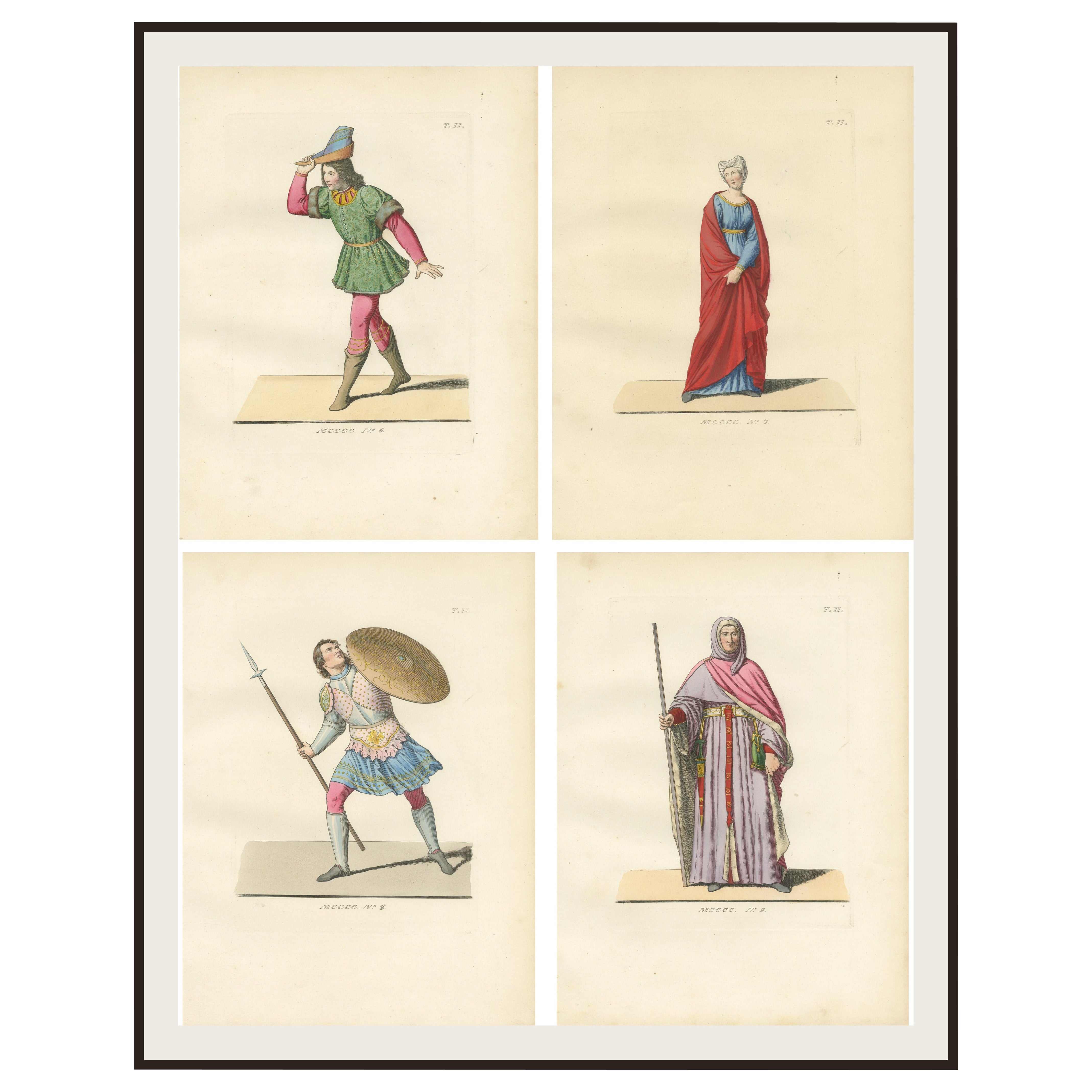 Set of Four Medieval Costume Figures, Hand-Colored Engravings, France 1845