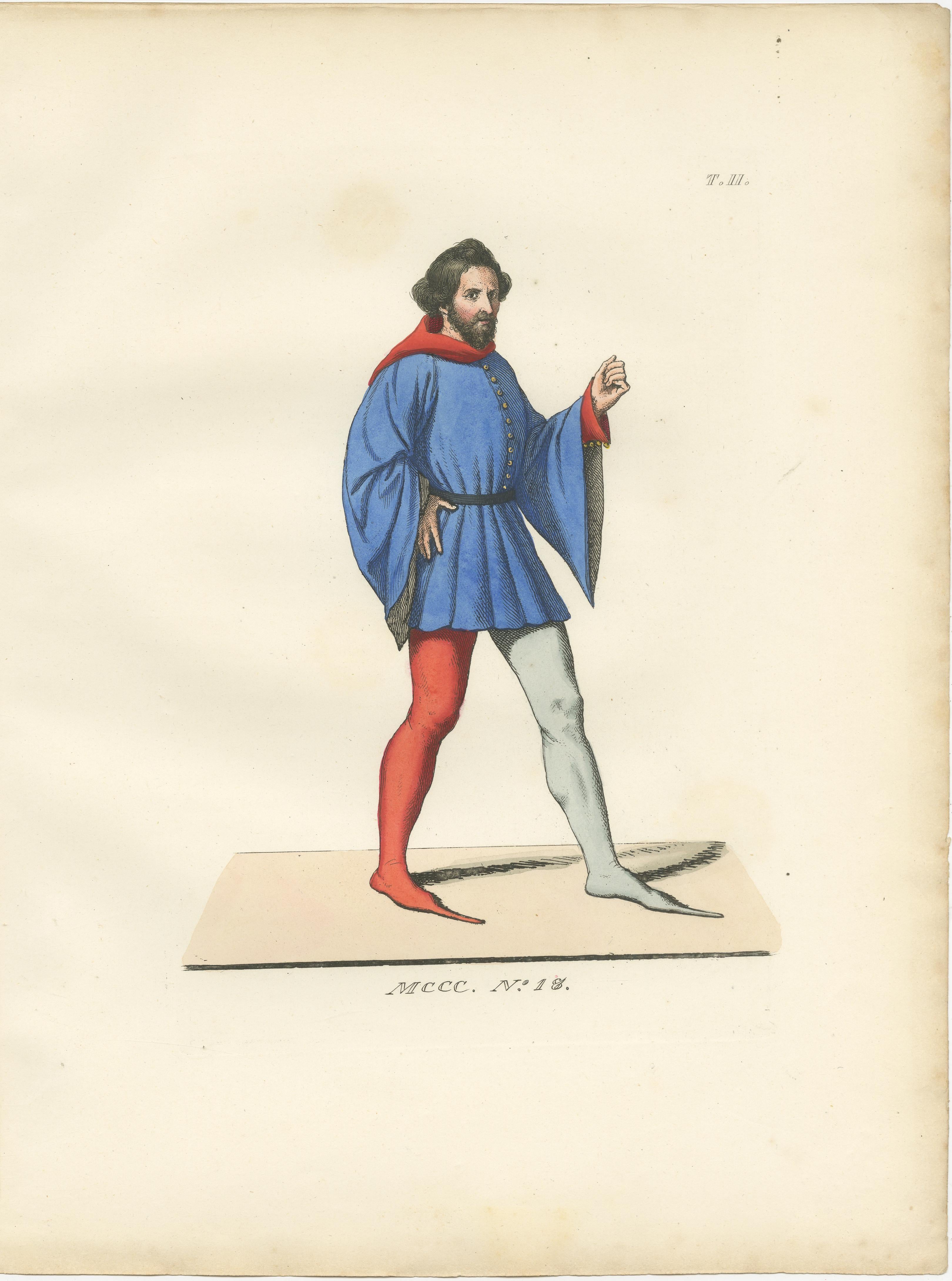 Set of Four Medieval Figures – Costume & Daily Life, Handcolored Engravings 1845
