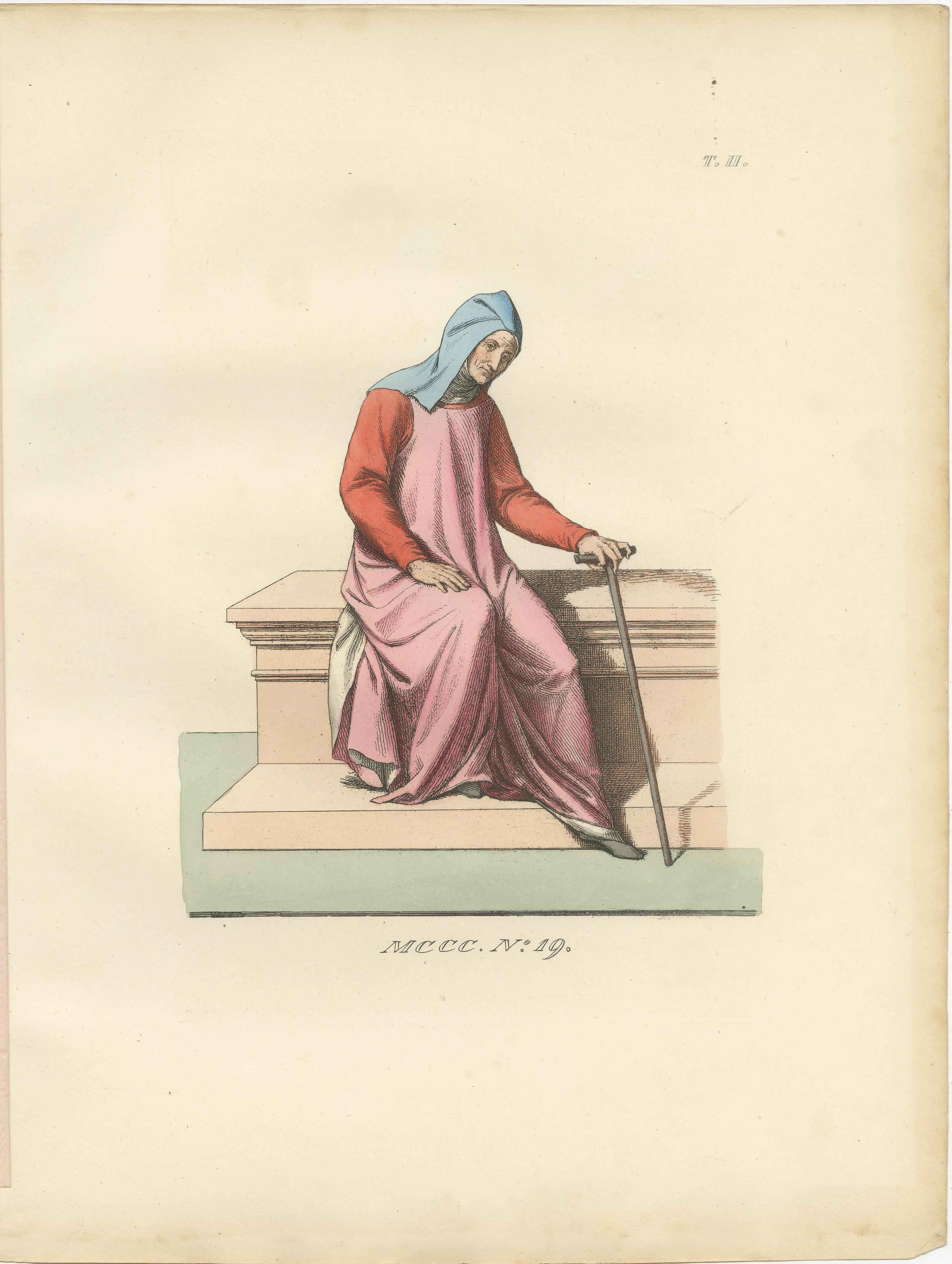 Set of Four Medieval Figures – Costume & Daily Life, Handcolored Engravings 1845