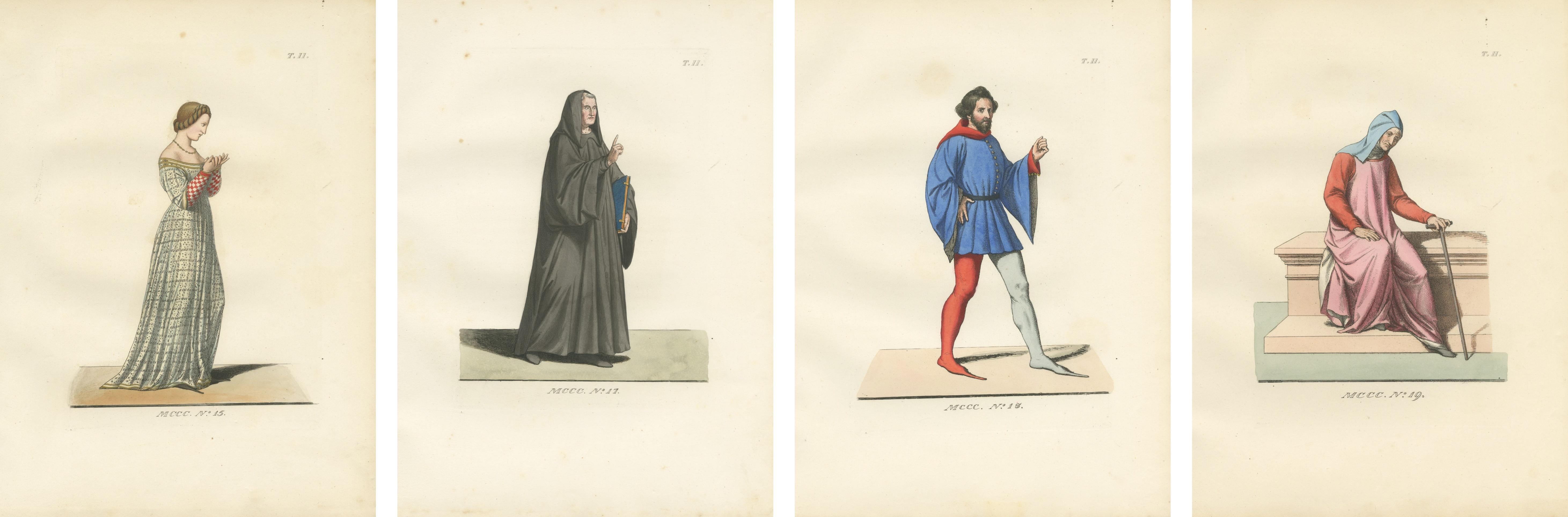 Set of Four Medieval Figures – Costume & Daily Life, Handcolored Engravings 1845