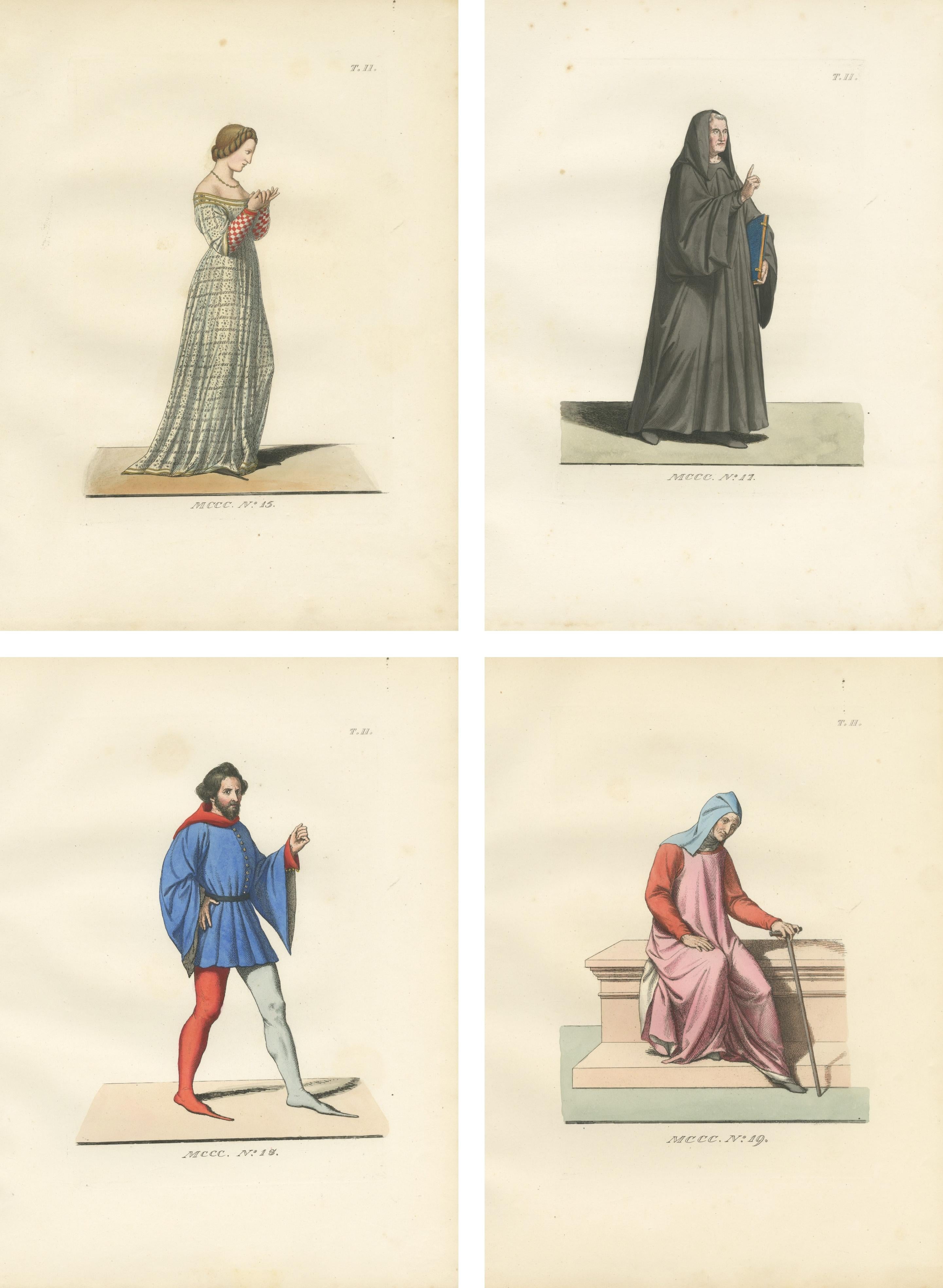 Set of Four Medieval Figures – Costume & Daily Life, Handcolored Engravings 1845