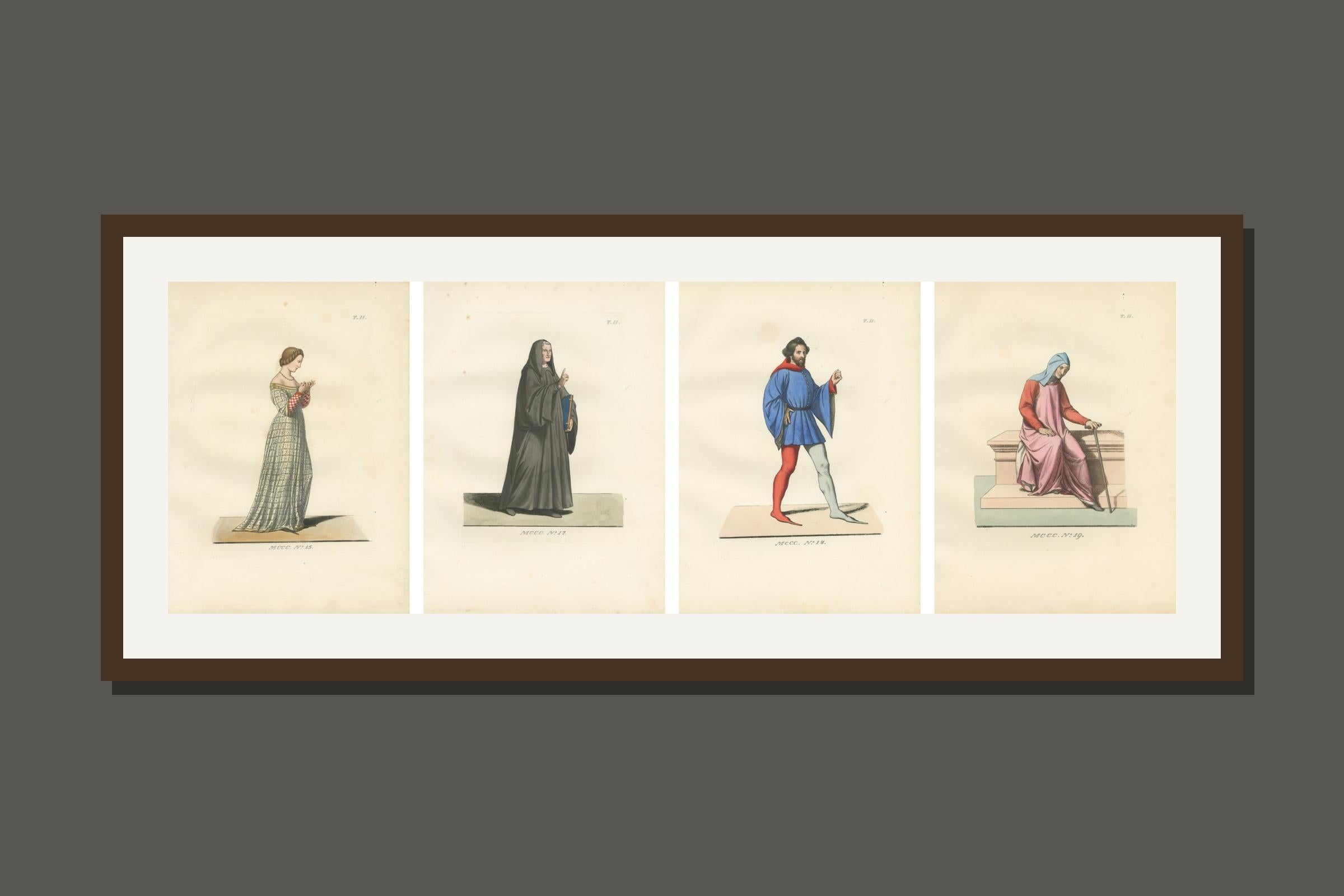 Set of Four Medieval Figures – Costume & Daily Life, Handcolored Engravings 1845