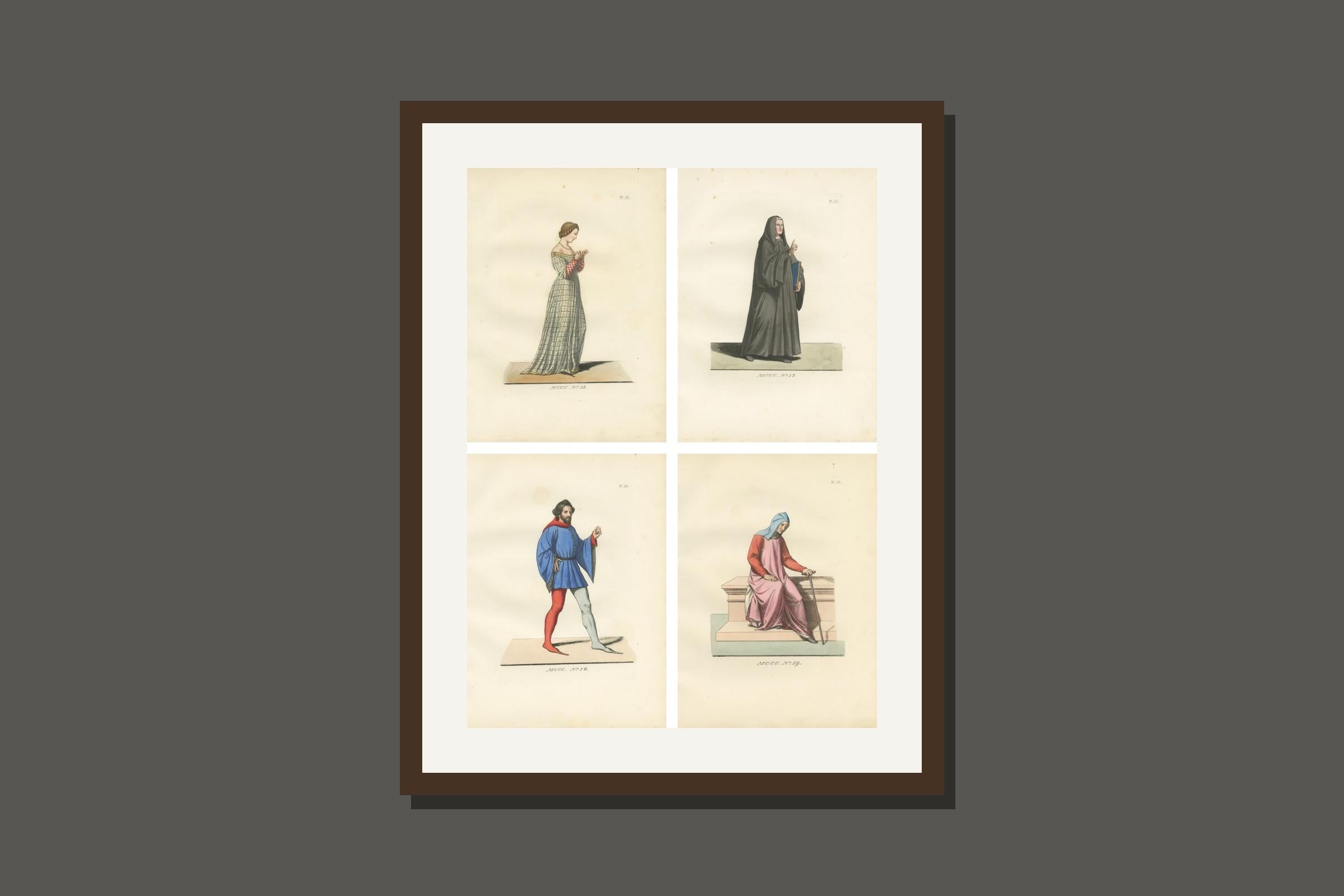 Set of Four Medieval Figures – Costume & Daily Life, Handcolored Engravings 1845
