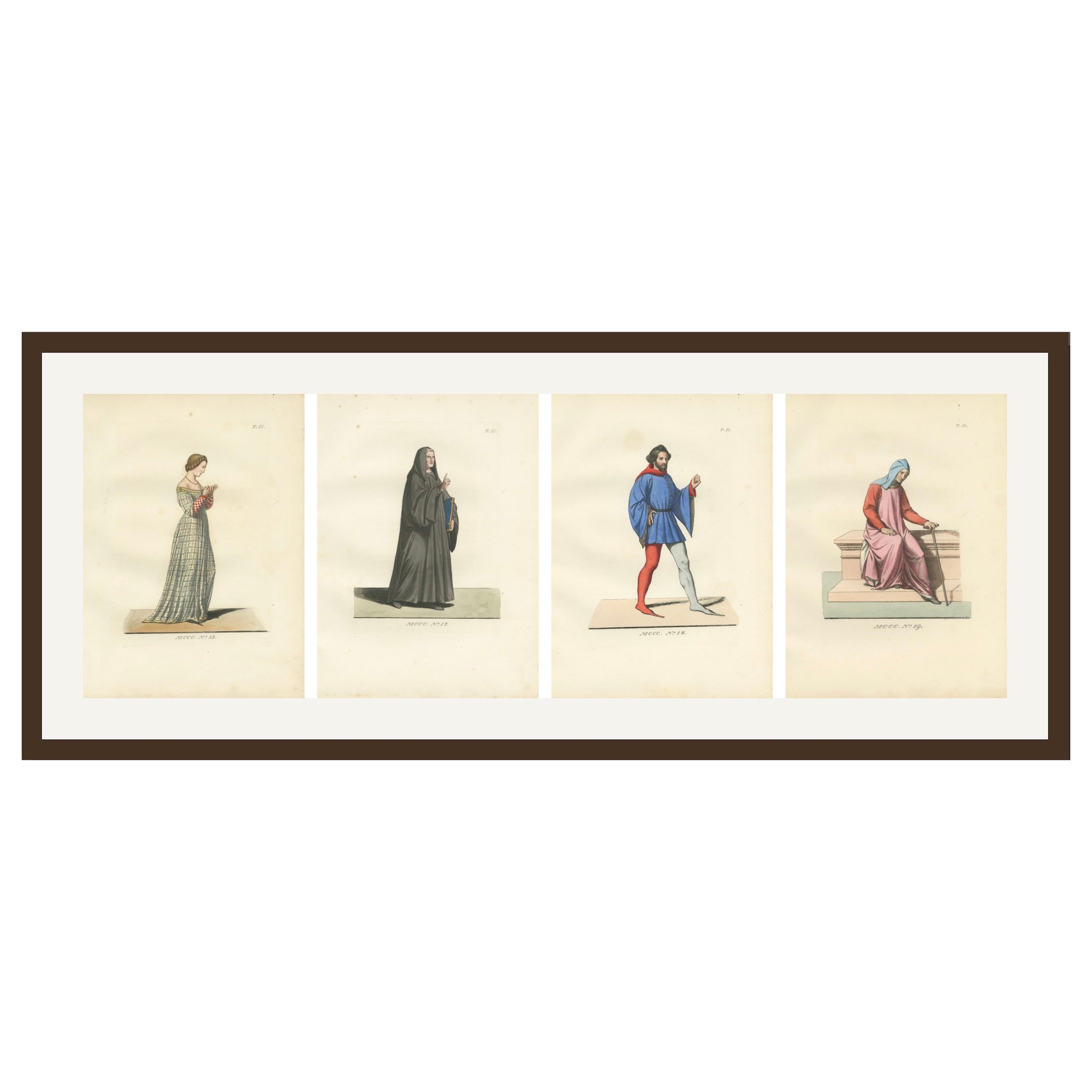 Satz von vier mittelalterlichen Figuren - Kostüm und Alltagsleben, handkolorierte Stiche 1845