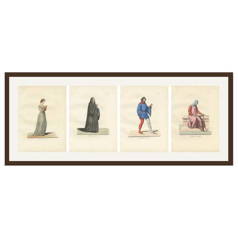 Set of Four Medieval Figures – Costume & Daily Life, Handcolored Engravings 1845
