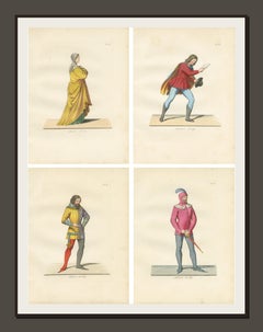 Set of Four Medieval Figures – Hand-Colored Costume Engravings, France 1845