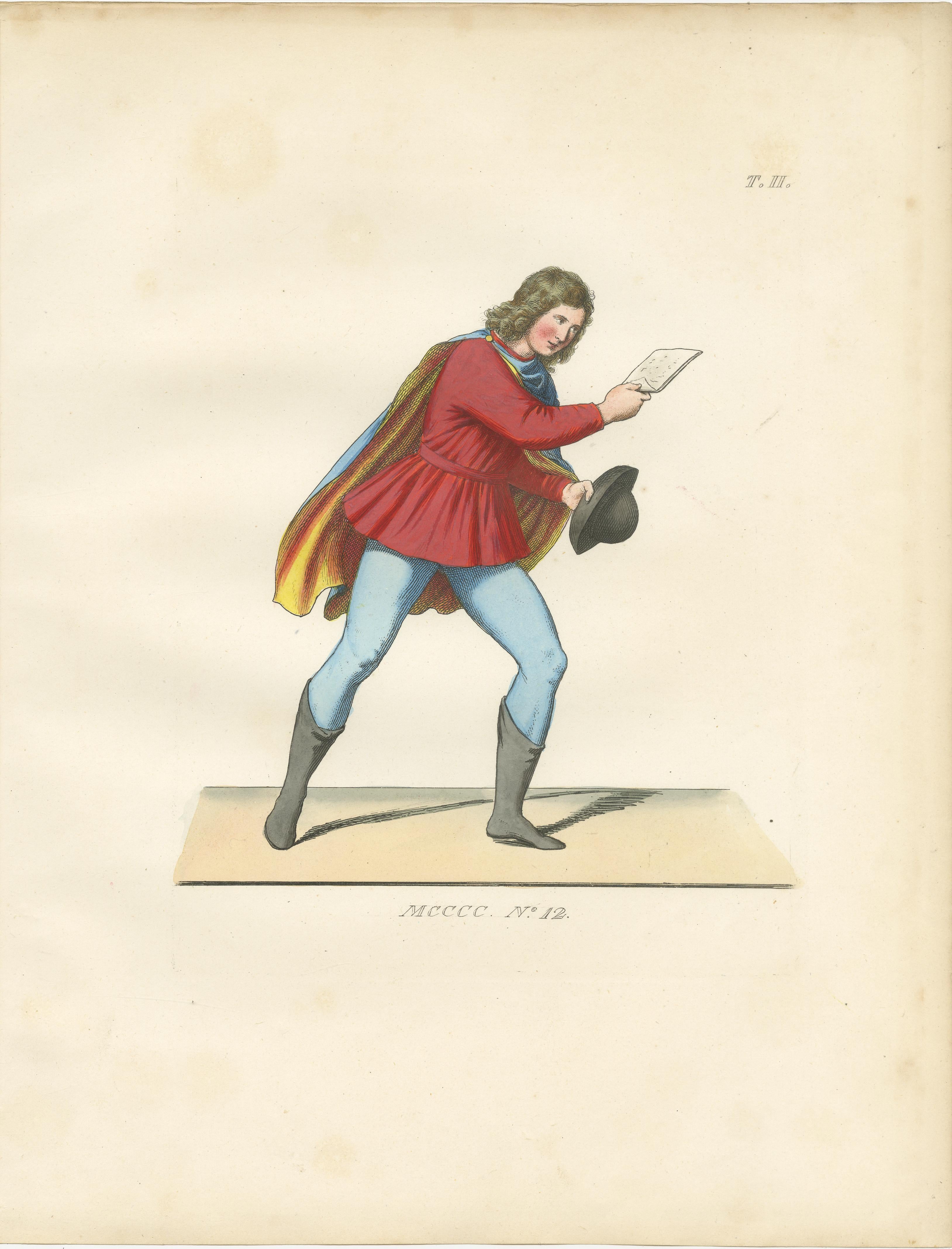 Set of Four Medieval Figures – Hand-Colored Costume Engravings, France 1845
