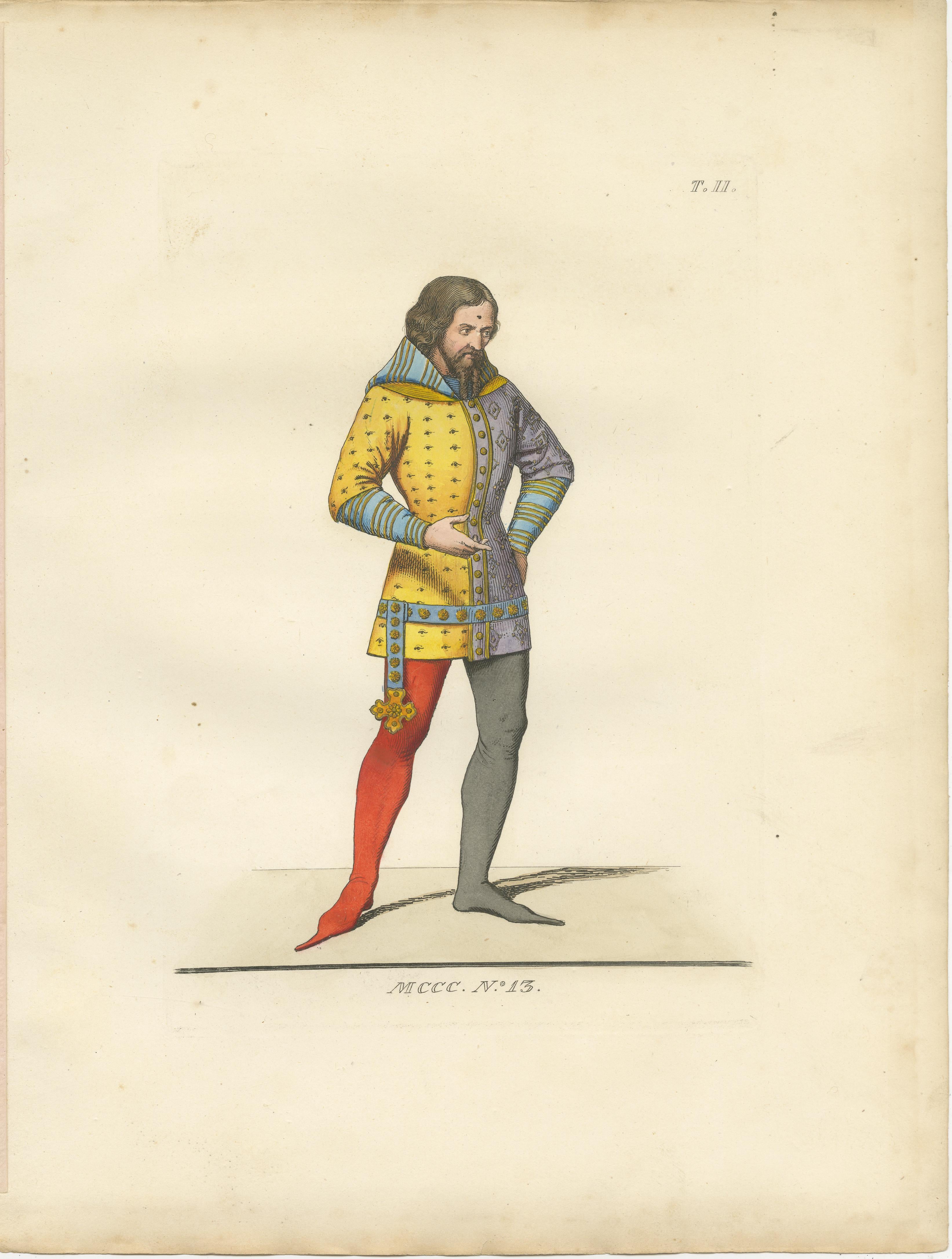 Set of Four Medieval Figures – Hand-Colored Costume Engravings, France 1845
