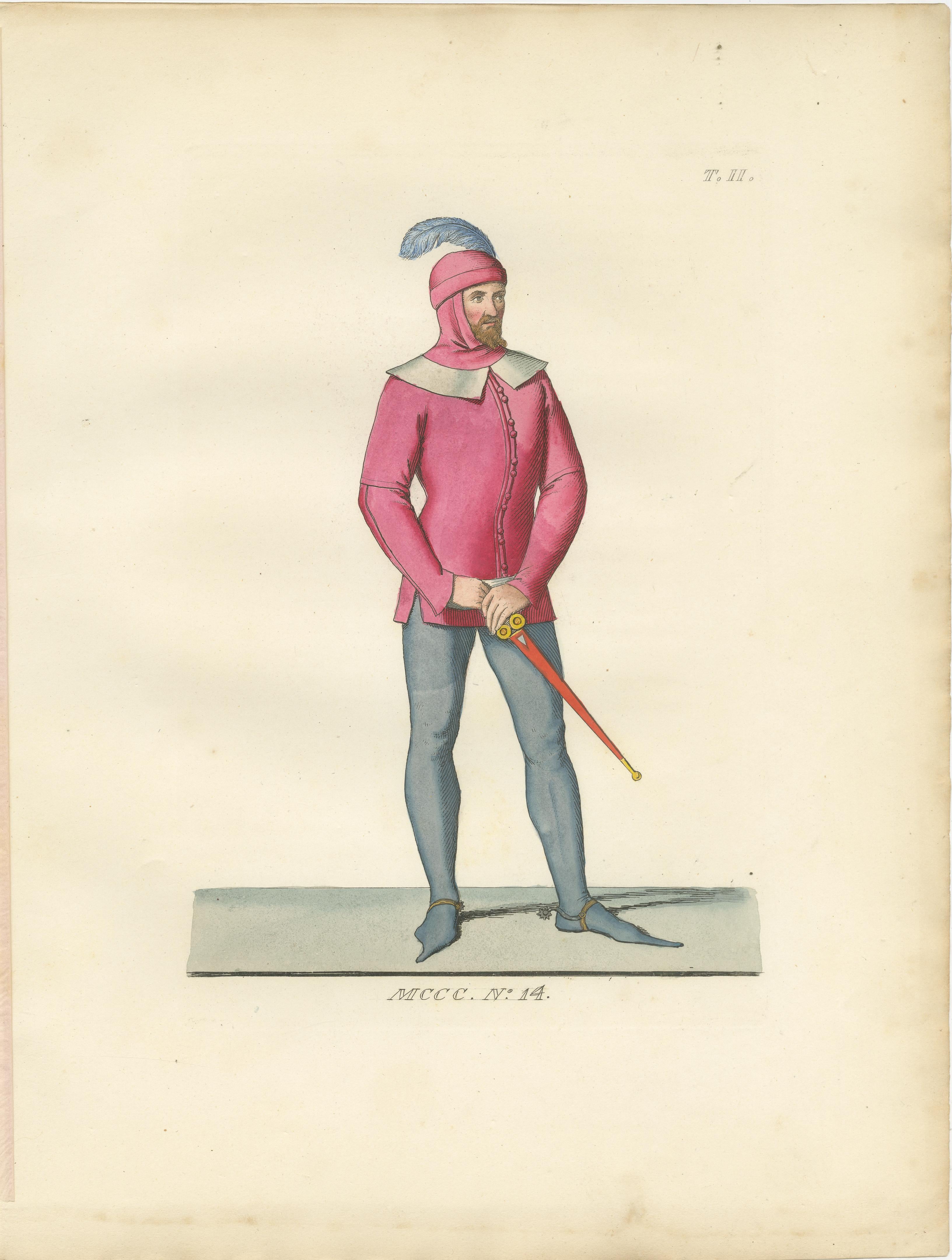 Set of Four Medieval Figures – Hand-Colored Costume Engravings, France 1845