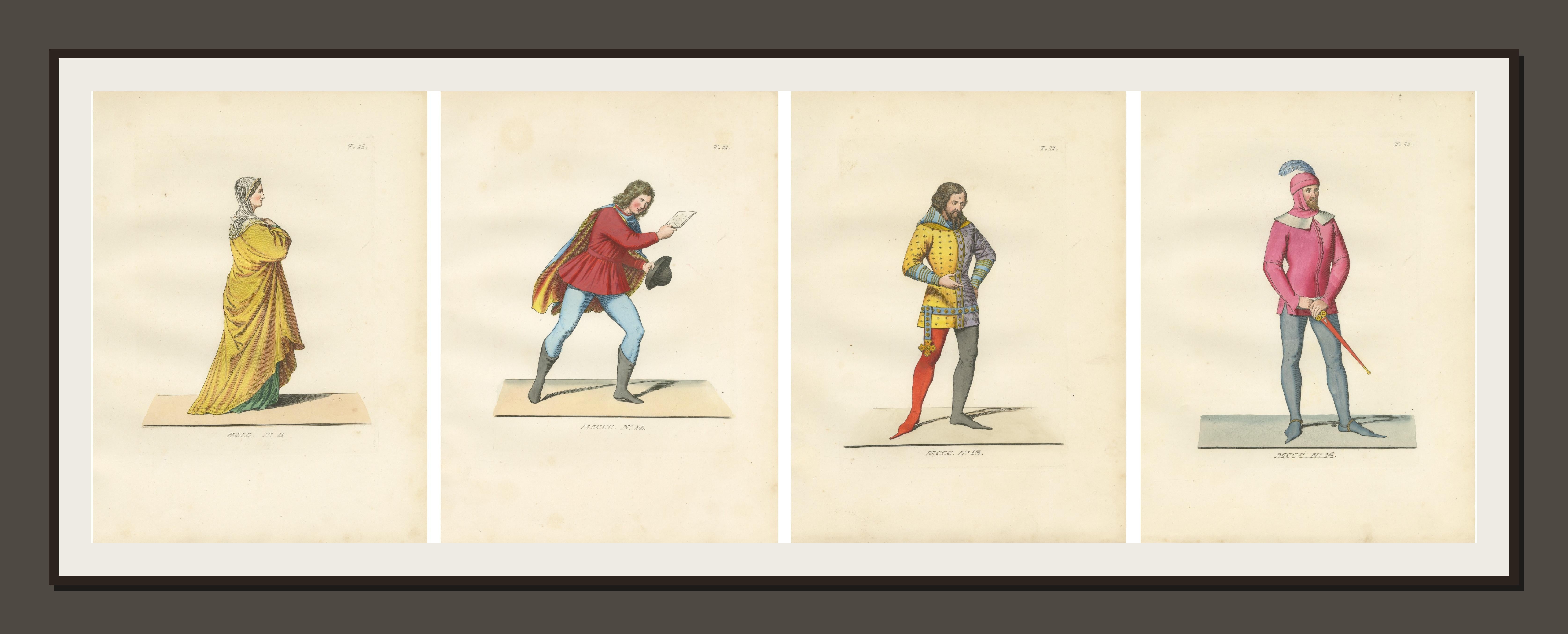 Set of Four Medieval Figures – Hand-Colored Costume Engravings, France 1845