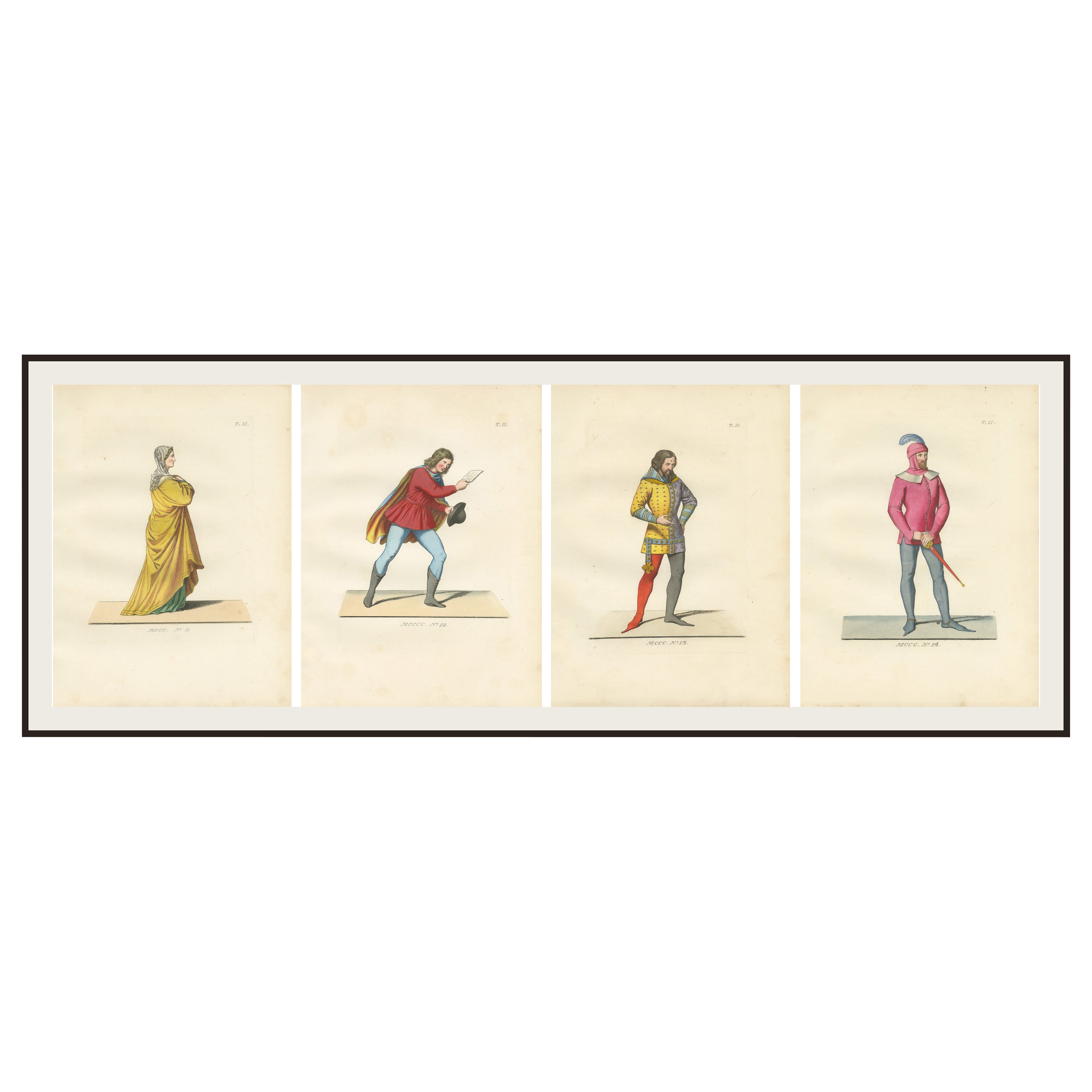 Set of Four Medieval Figures – Hand-Colored Costume Engravings, France 1845