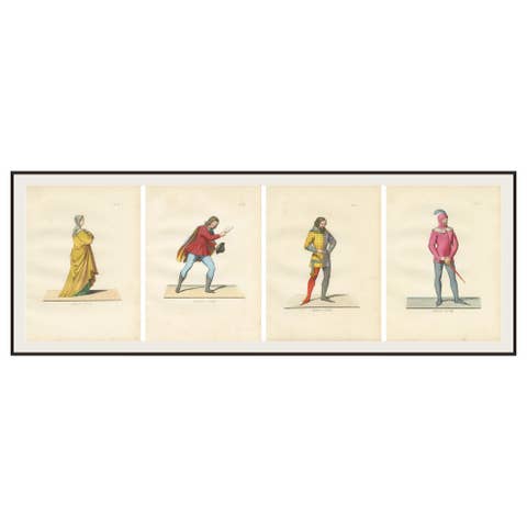 Set of Four Medieval Figures – Hand-Colored Costume Engravings, France 1845