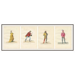 Set of Four Medieval Figures – Hand-Colored Costume Engravings, France 1845
