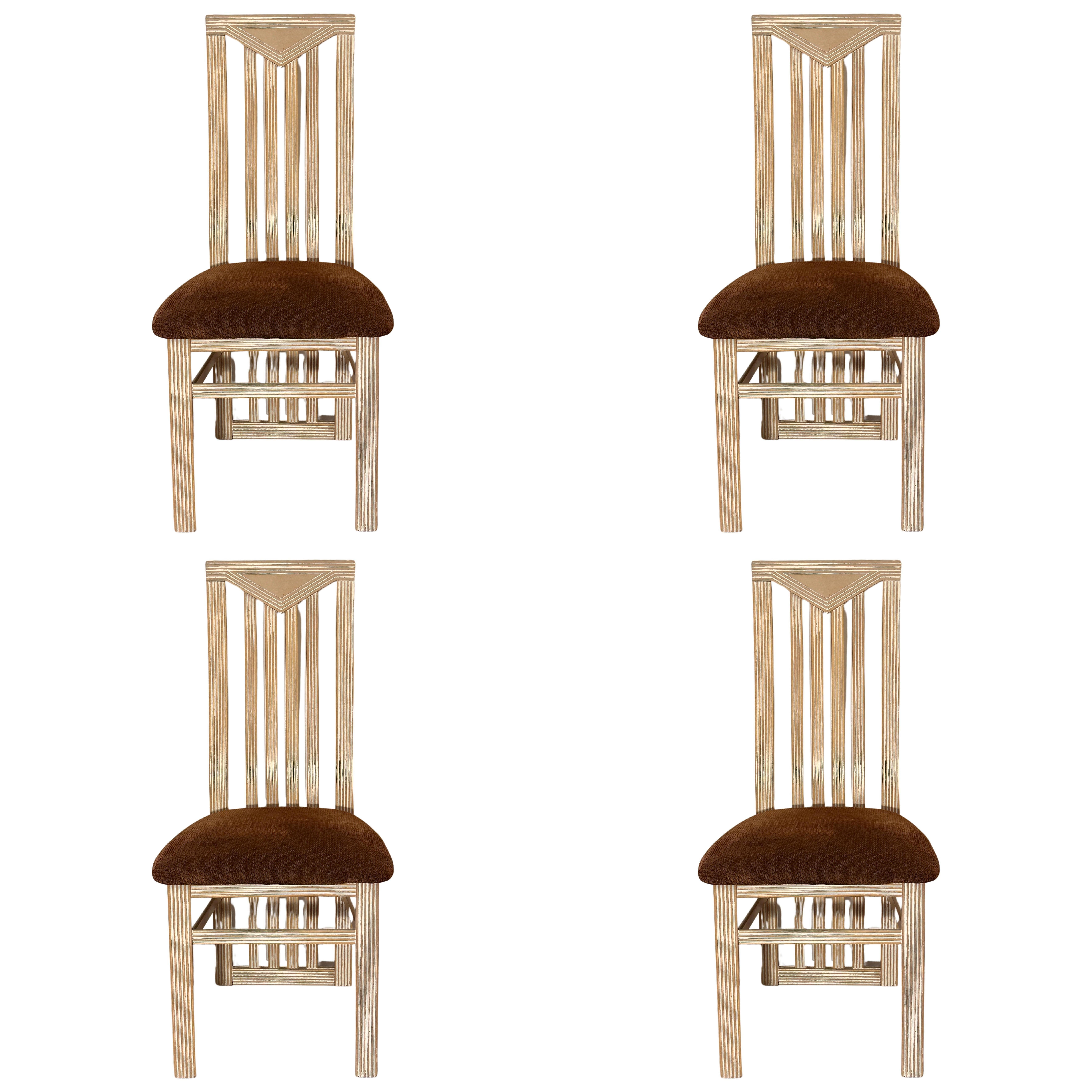 Set of Four Memphis Italian White-Wash Wood Dining Room Chairs by S.p.A Tonon