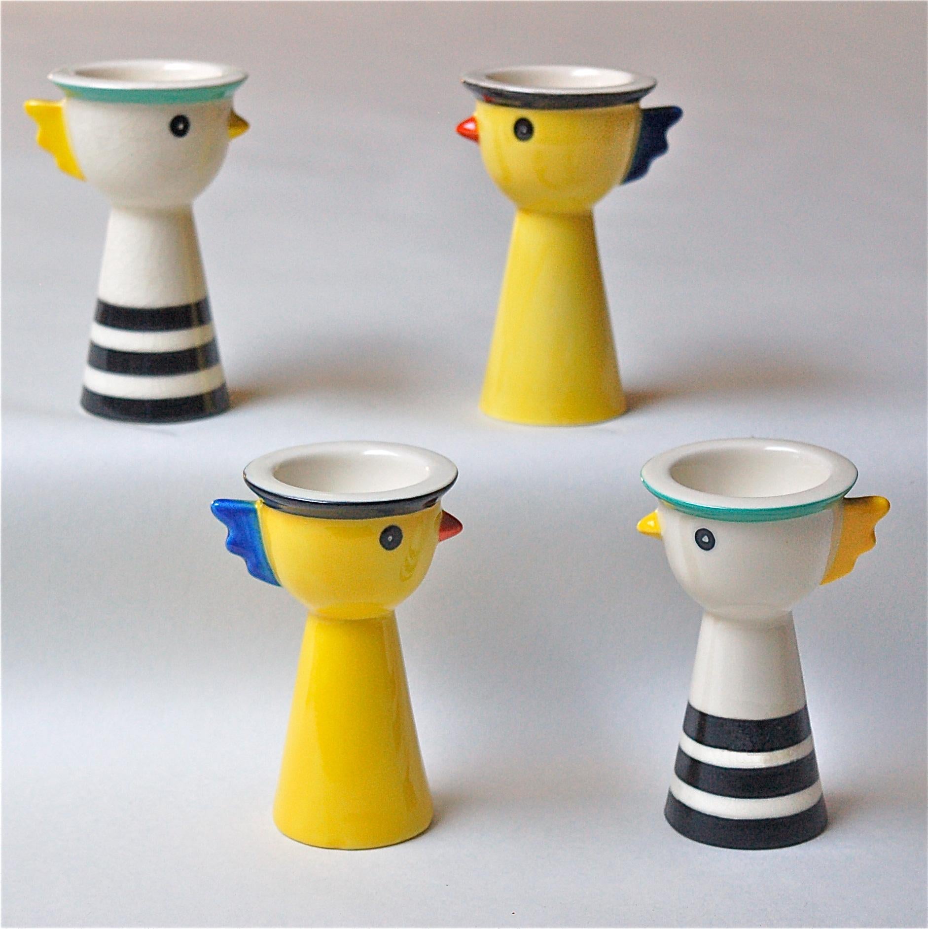 Collection of four porcelain egg cups sourced over a period of ten years in Italy. They are a rare find and little is known about their origin as they are unmarked. The strong yet playful design style and use of colour helps date them to the late