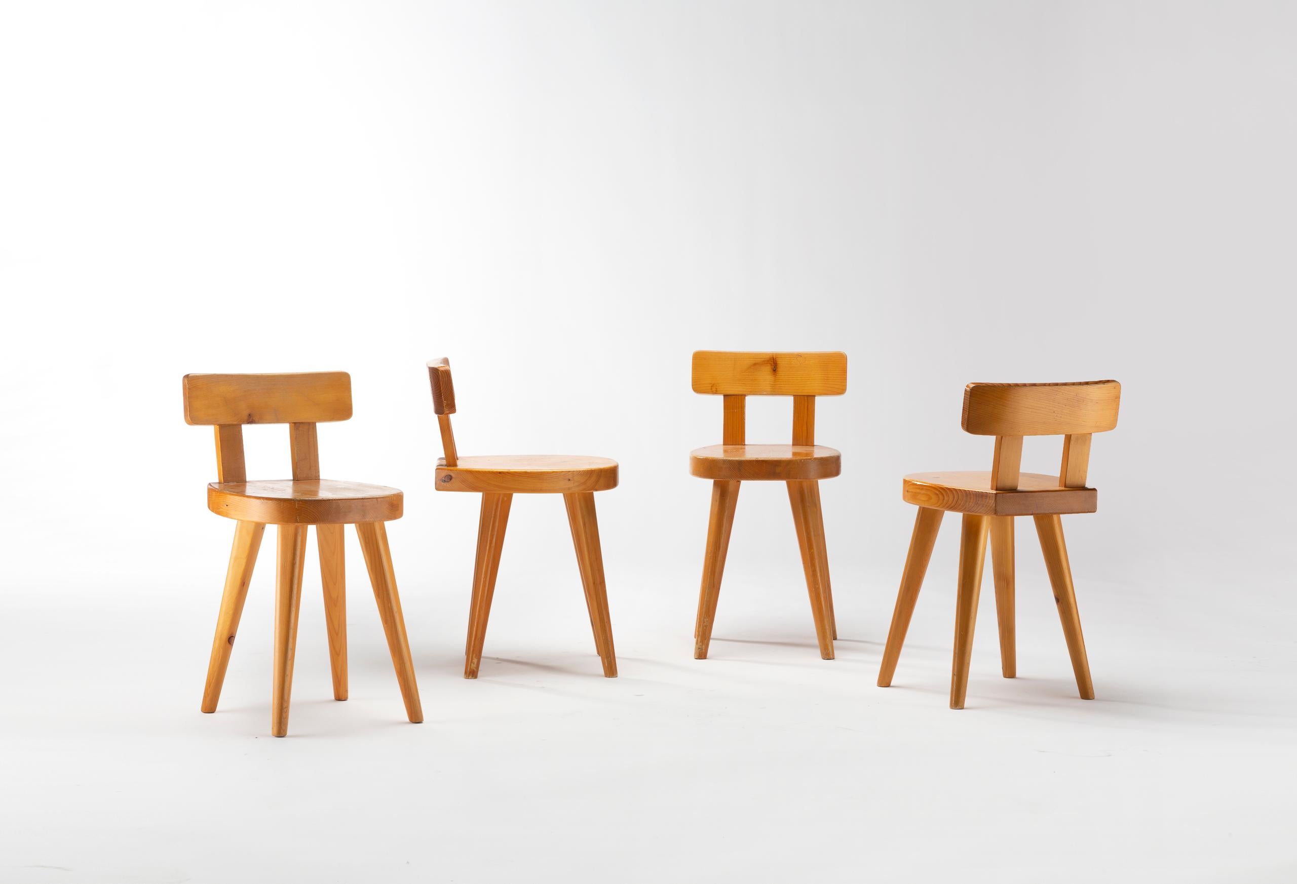 A set of four “Meribel” chairs by the French designer Christian Durupt 
Beech
Model designed for the ski resort station Meribel (France) on which he worked with Charlotte Perriand (1903-1999)
circa 1950-1960.
