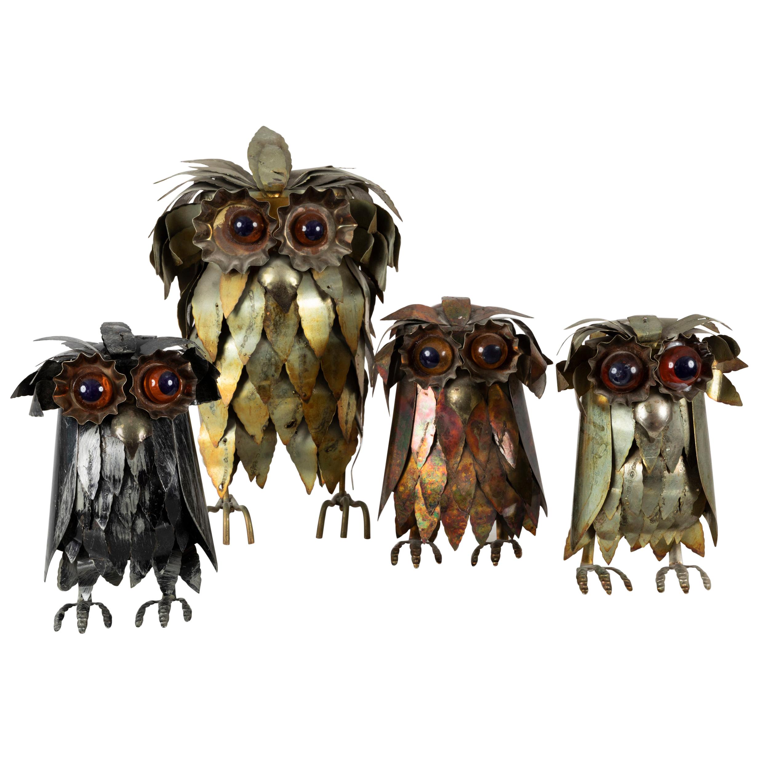 Set of Four Metal Brutalist Owls For Sale