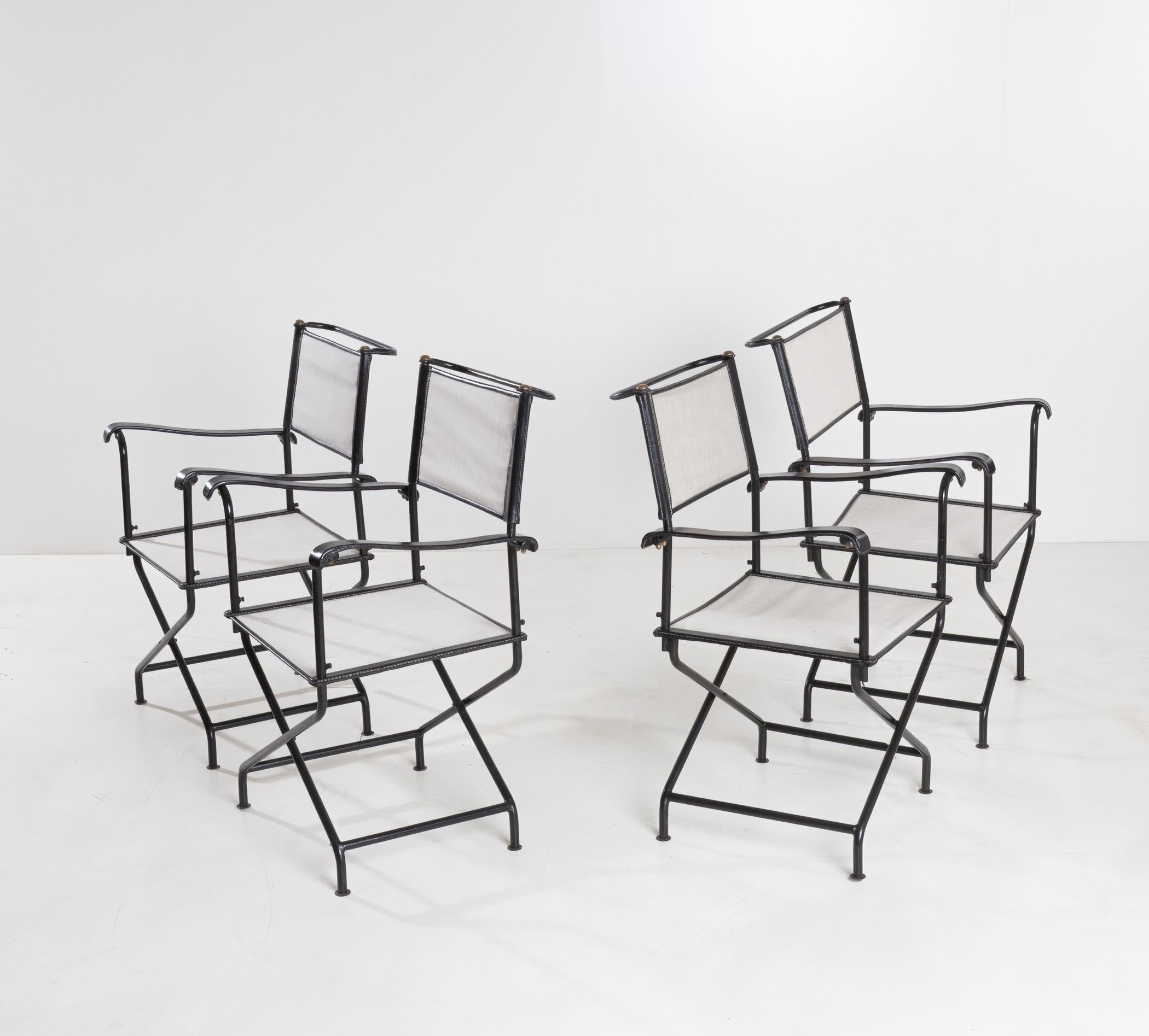 Set of four “Metteur en scène” (director’s) armchairs by Jacques Adnet  In Good Condition For Sale In Brussels, BE